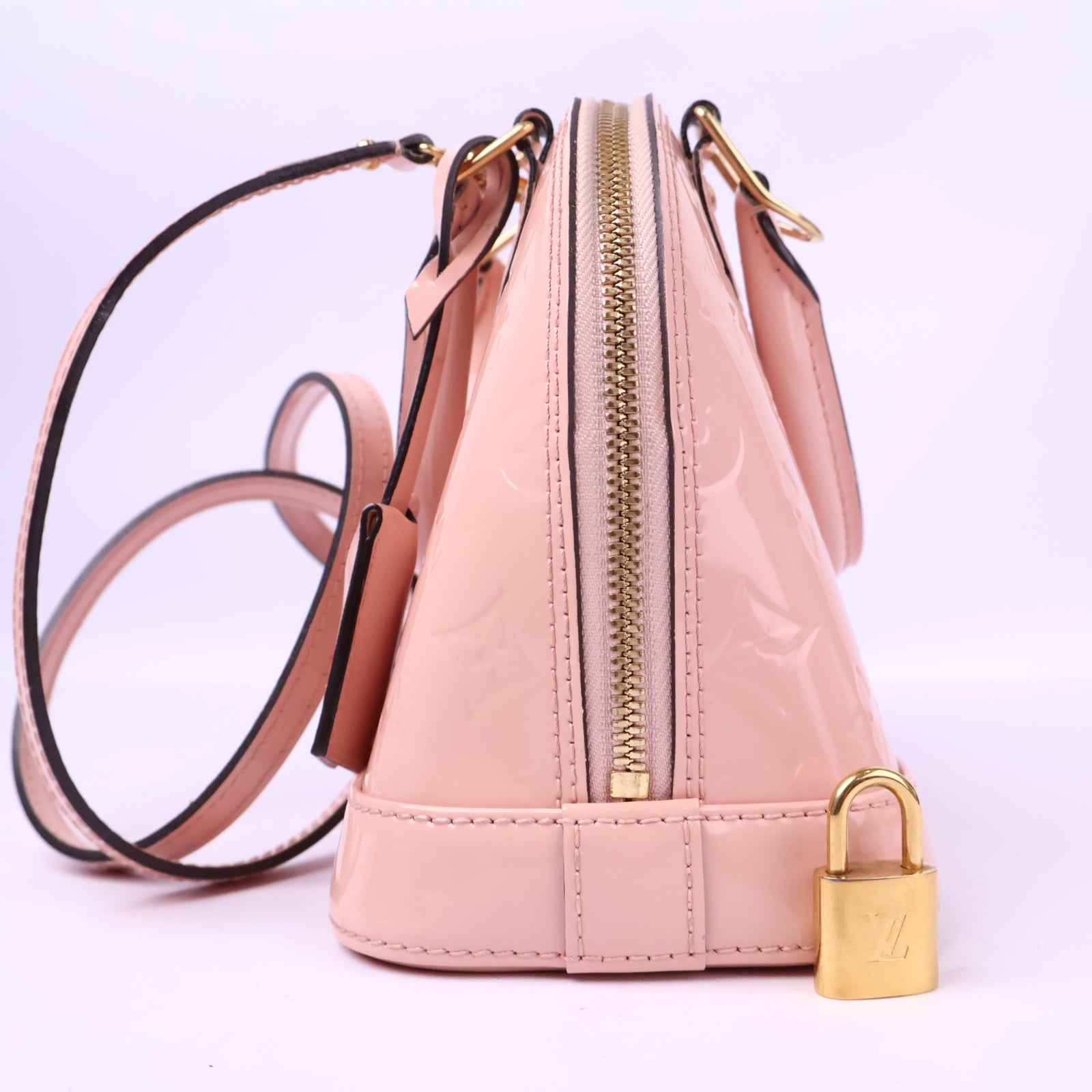 J3009 Louis Vuitton Top Handle Bag Alma BB Rose Ballerine Monogram Vernis | Pre-Owned Like New Pink Monogram Vernis Canvas, Leather, Patent leather
