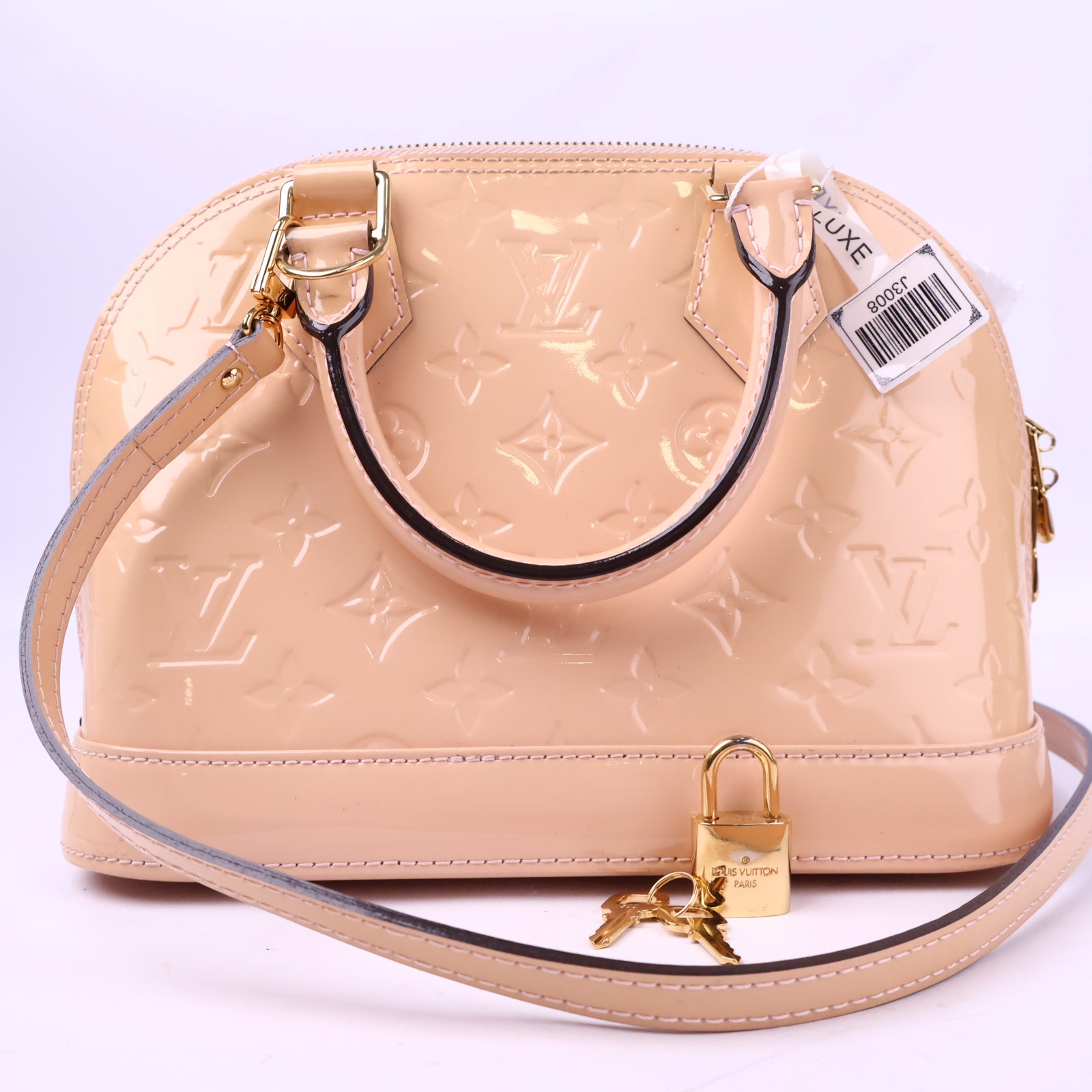 J3008 Louis Vuitton Top Handle Bag Alma BB Rose Angelique Monogram Vernis | Pre-Owned Like New Pink Monogram Vernis Canvas, Leather, Patent leather