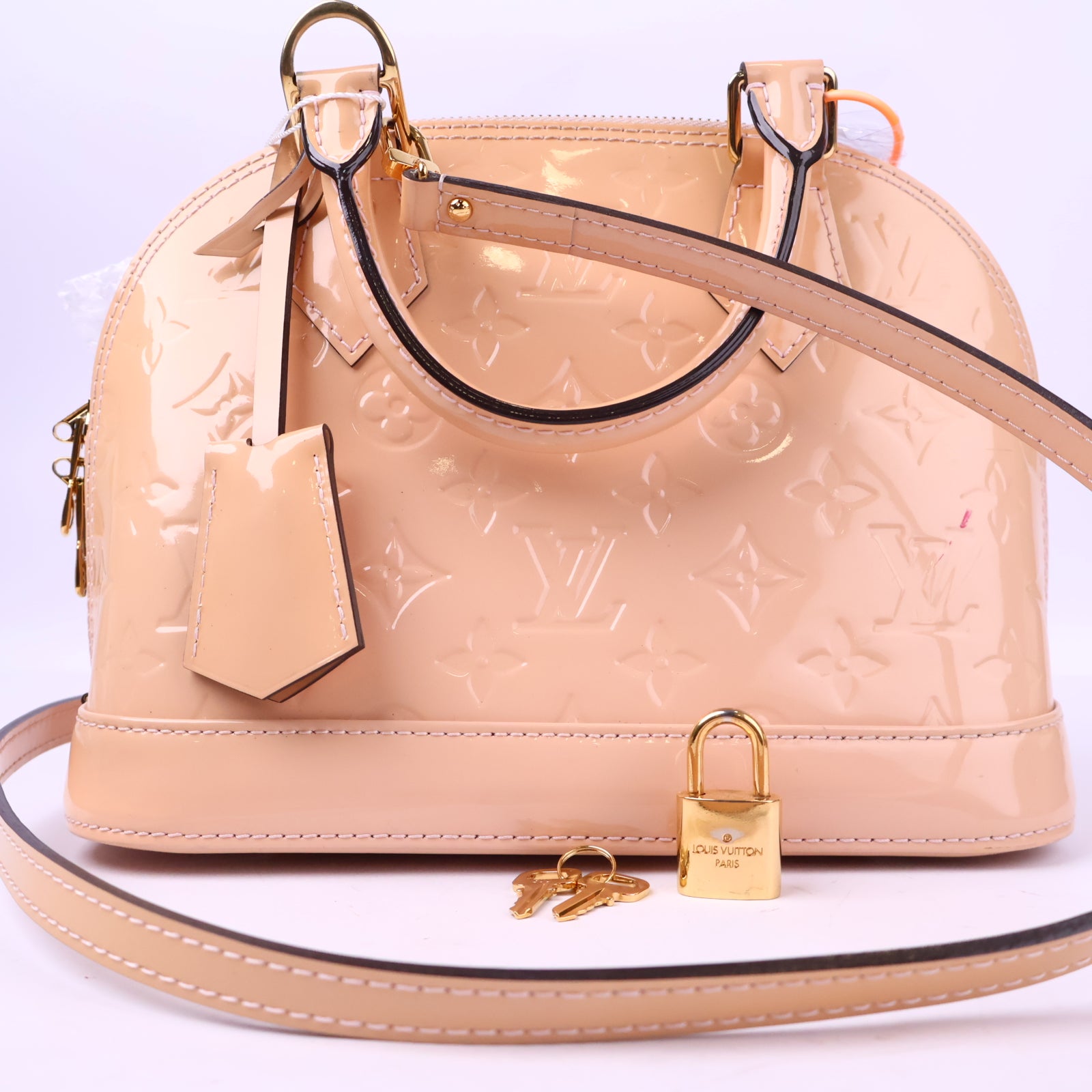 J3008 Louis Vuitton Top Handle Bag Alma BB Rose Angelique Monogram Vernis | Pre-Owned Like New Pink Monogram Vernis Canvas, Leather, Patent leather