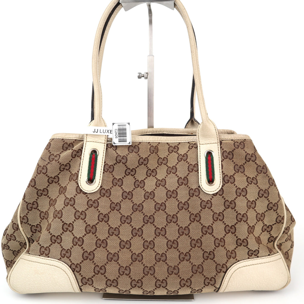 C2426 Gucci Tote Bag GG Canvas Princy White/Beige Leather Trim | Pre-Owned Very Good White / Beige Canvas, Leather/GG Canvas