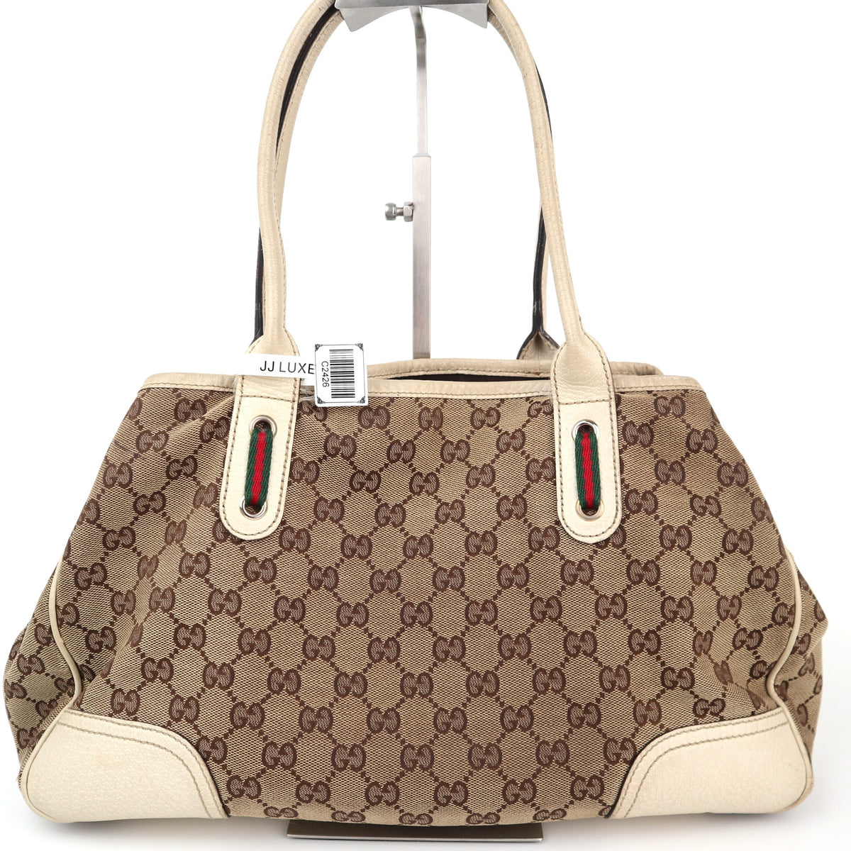 C2426 Gucci Tote Bag GG Canvas Princy White/Beige Leather Trim | Pre-Owned Very Good White / Beige Canvas, Leather/GG Canvas