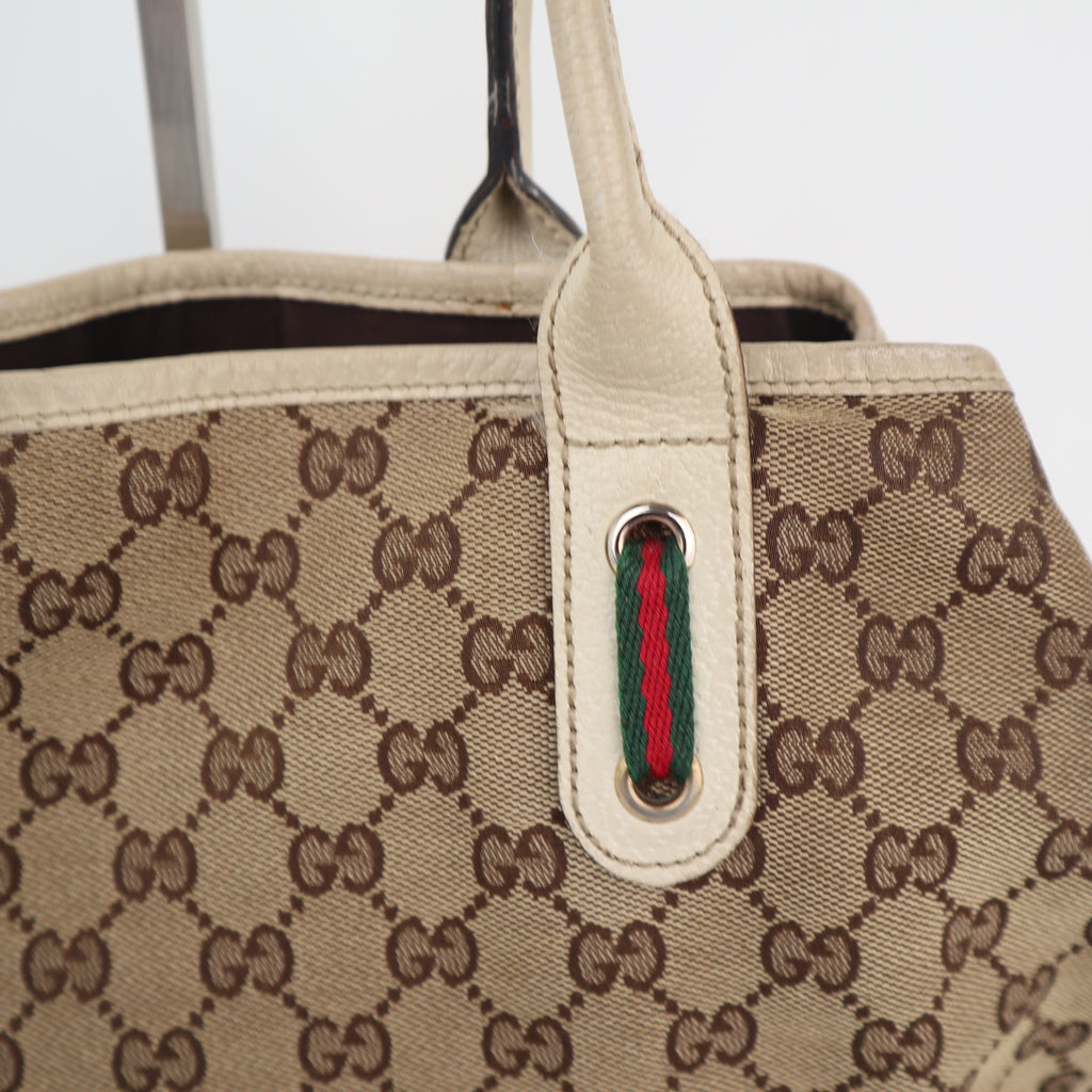 C2426 Gucci Tote Bag GG Canvas Princy White/Beige Leather Trim | Pre-Owned Very Good White / Beige Canvas, Leather/GG Canvas