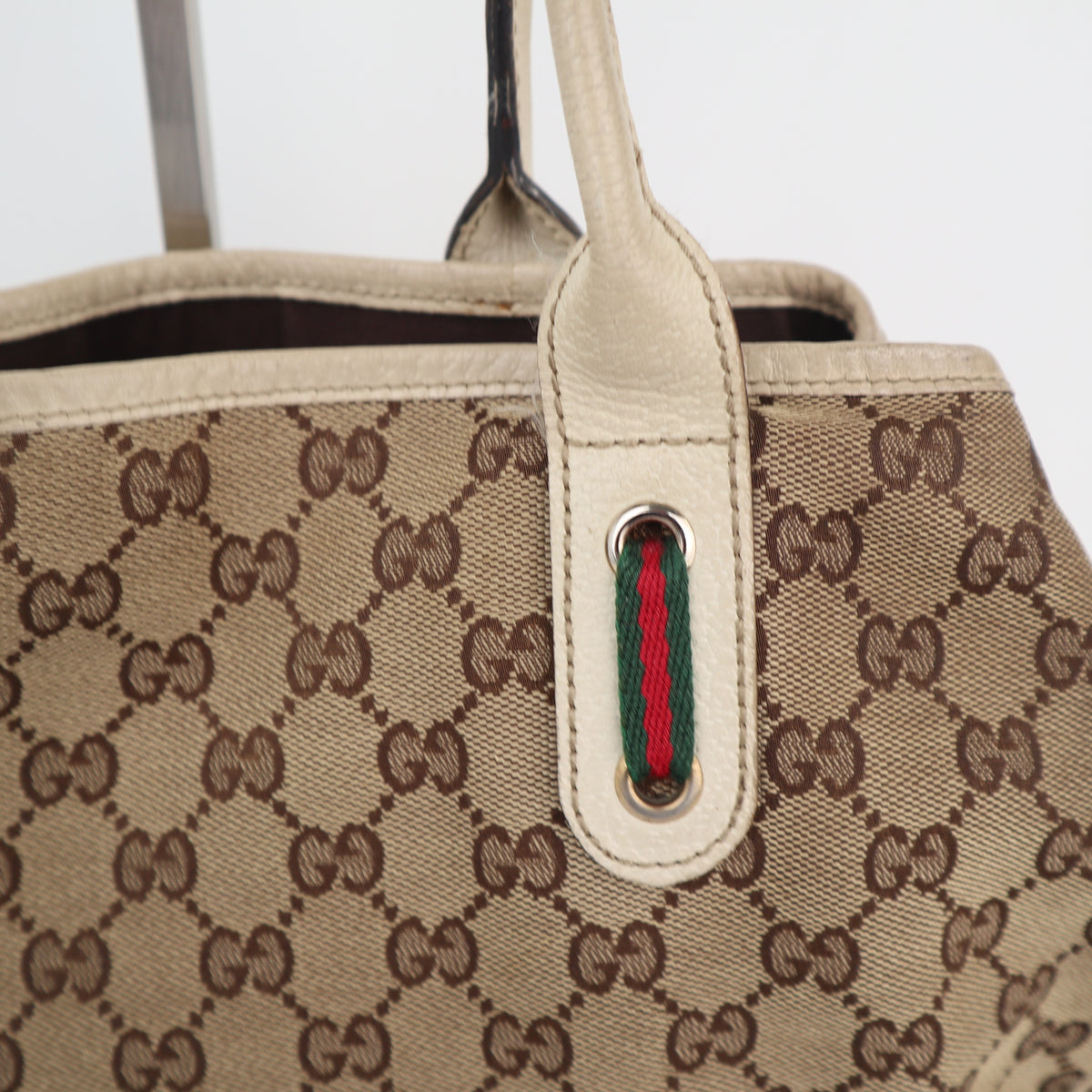 C2426 Gucci Tote Bag GG Canvas Princy White/Beige Leather Trim | Pre-Owned Very Good White / Beige Canvas, Leather/GG Canvas