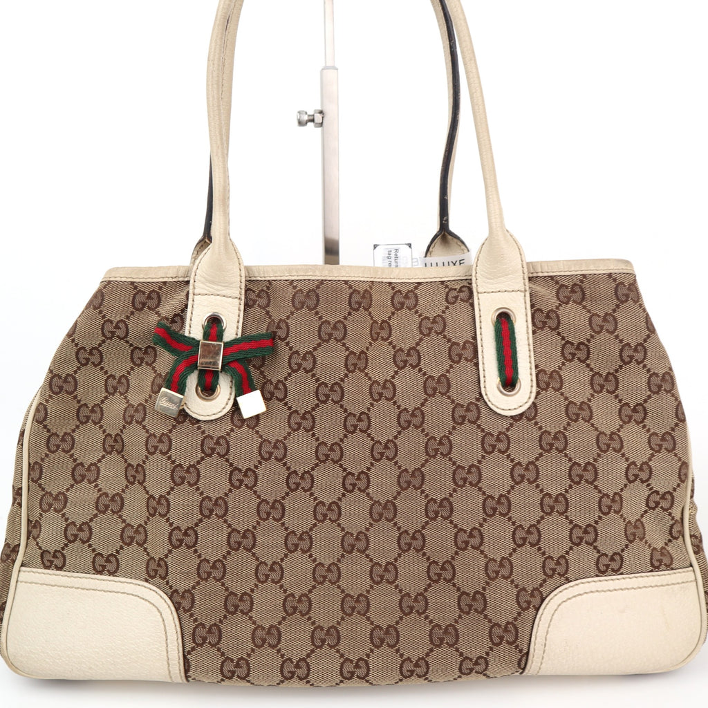 C2426 Gucci Tote Bag GG Canvas Princy White/Beige Leather Trim | Pre-Owned Very Good White / Beige Canvas, Leather/GG Canvas