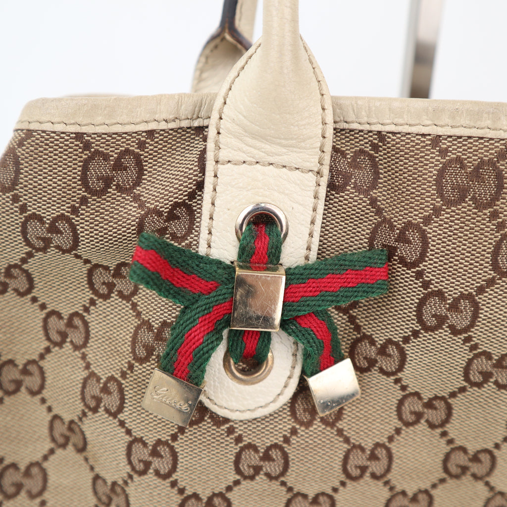 C2426 Gucci Tote Bag GG Canvas Princy White/Beige Leather Trim | Pre-Owned Very Good White / Beige Canvas, Leather/GG Canvas