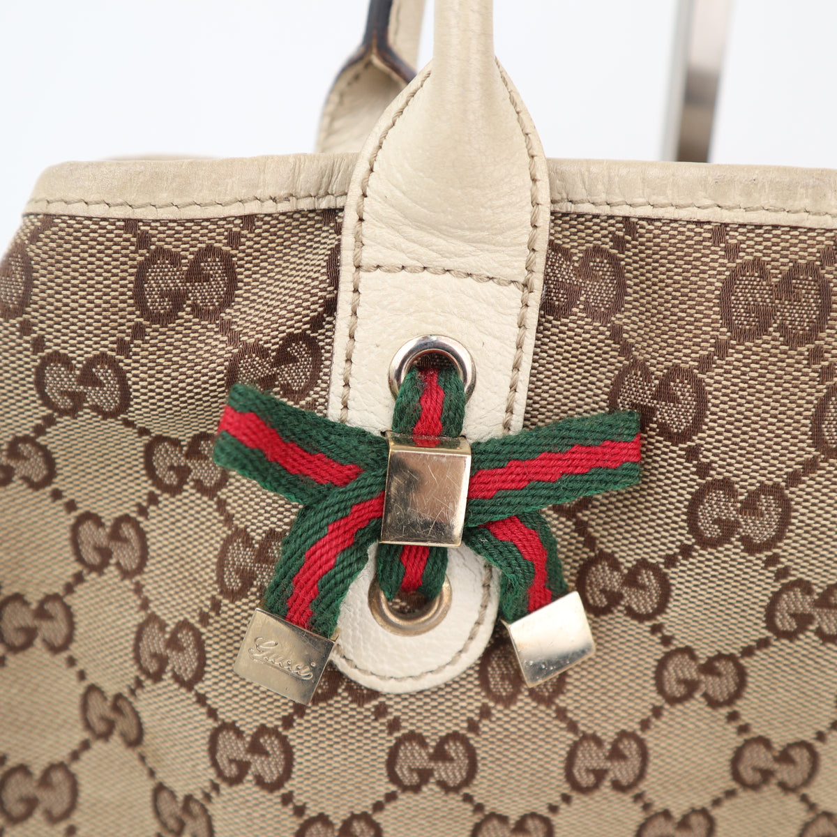 C2426 Gucci Tote Bag GG Canvas Princy White/Beige Leather Trim | Pre-Owned Very Good White / Beige Canvas, Leather/GG Canvas