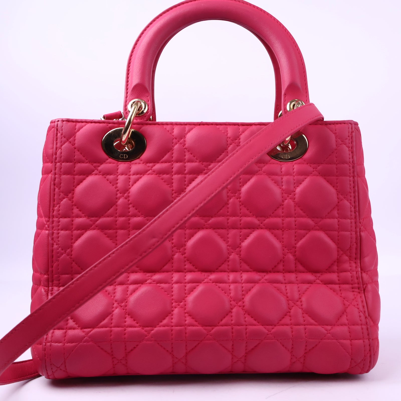 J3011 Christian Dior Top Handle Bag Lady Dior Pink Cannaged Leather | Pre-Owned Like New Pink Cannage Leather