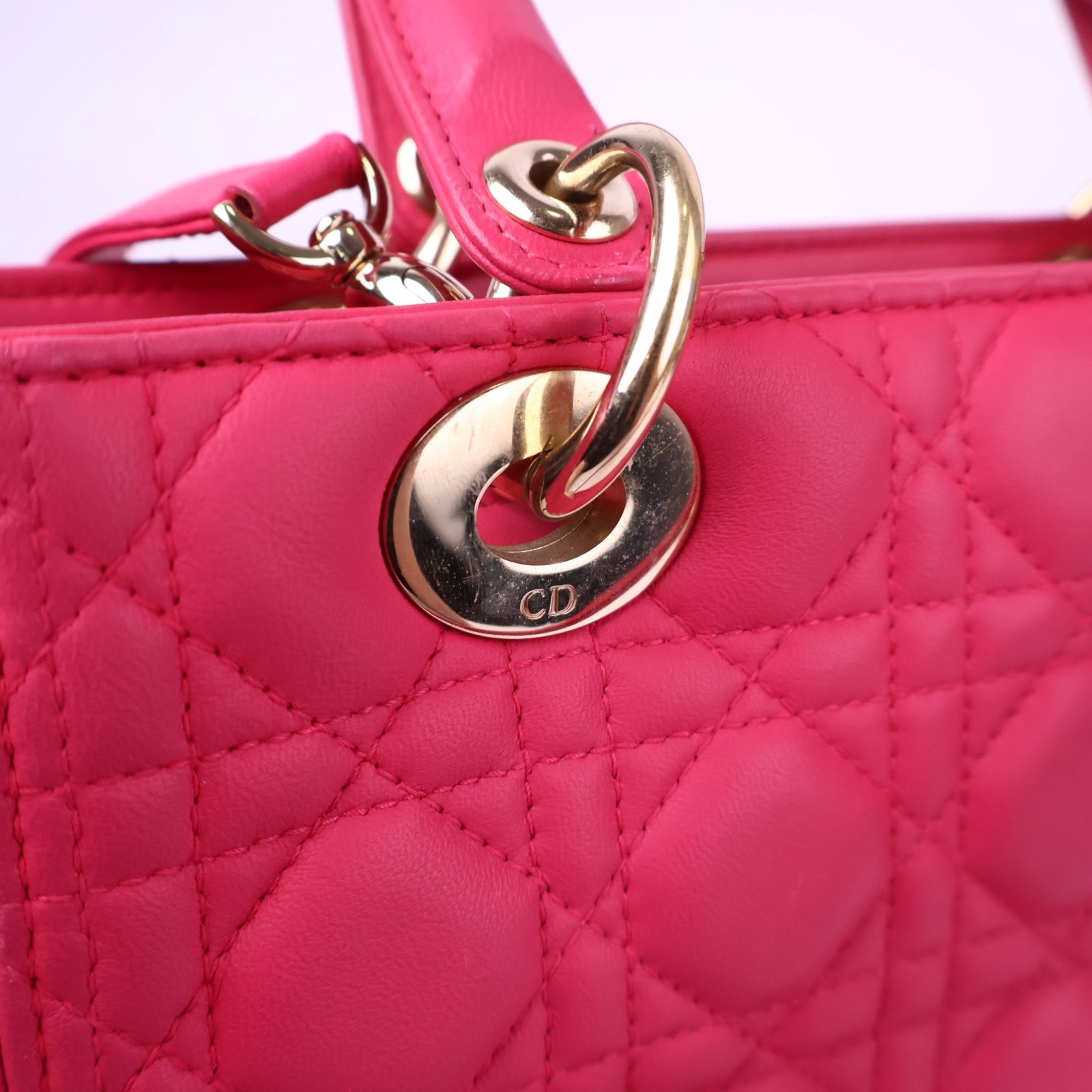 J3011 Christian Dior Top Handle Bag Lady Dior Pink Cannaged Leather | Pre-Owned Like New Pink Cannage Leather