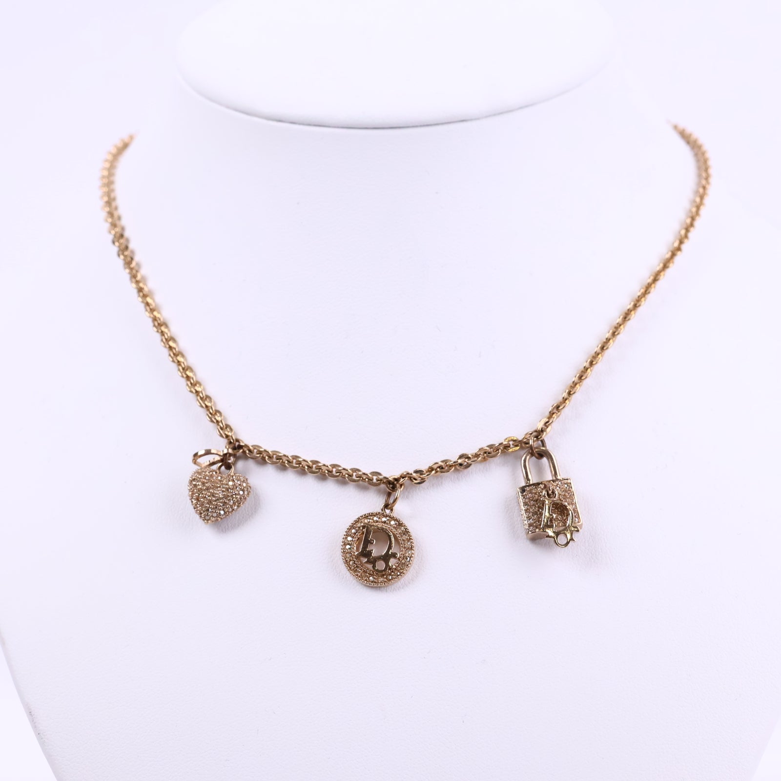 J3231 Christian Dior Long Charm Necklace Crystal Multi Charm Long Necklace | Pre-Owned Like New Gold-tone Multi Charm Metal, Crystal