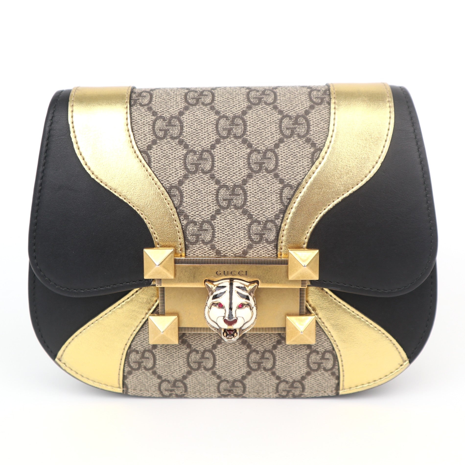 C1047 GUCCI GG Supreme Small Osiride Shoulder Bag With Black & Gold Trim Tiger Head-Pre Owned