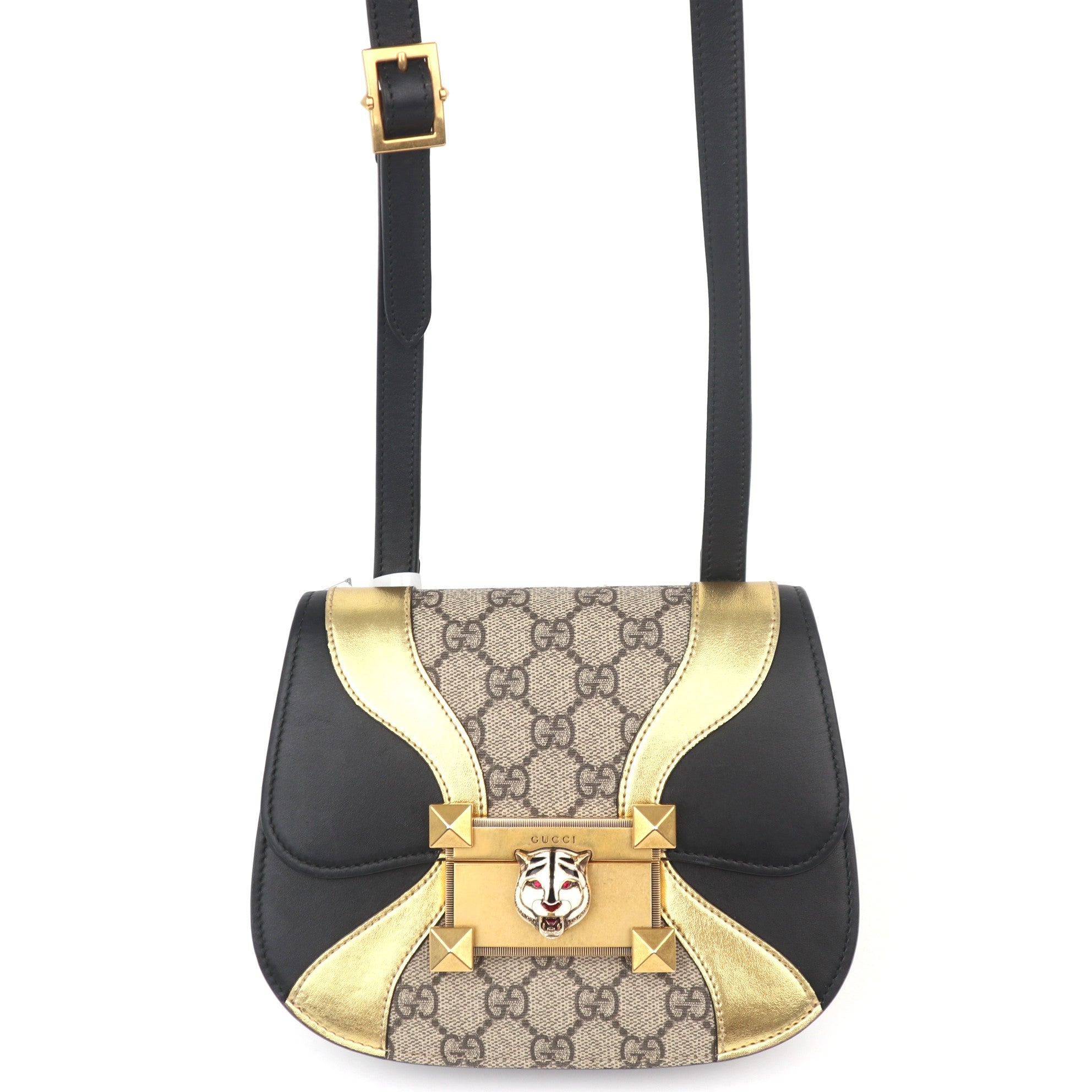 C1047 GUCCI GG Supreme Small Osiride Shoulder Bag With Black & Gold Trim Tiger Head-Pre Owned
