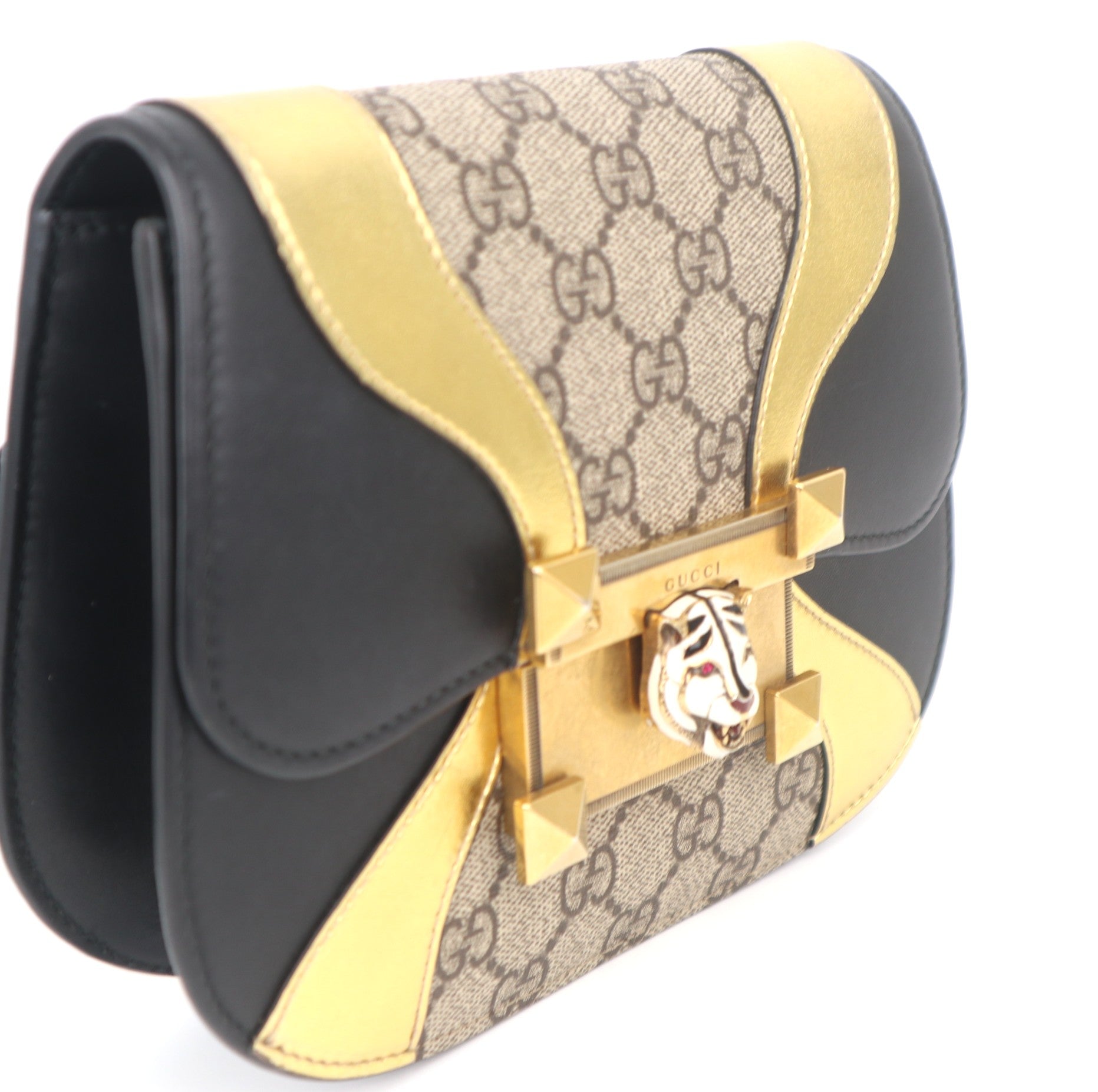 C1047 GUCCI GG Supreme Small Osiride Shoulder Bag With Black & Gold Trim Tiger Head-Pre Owned