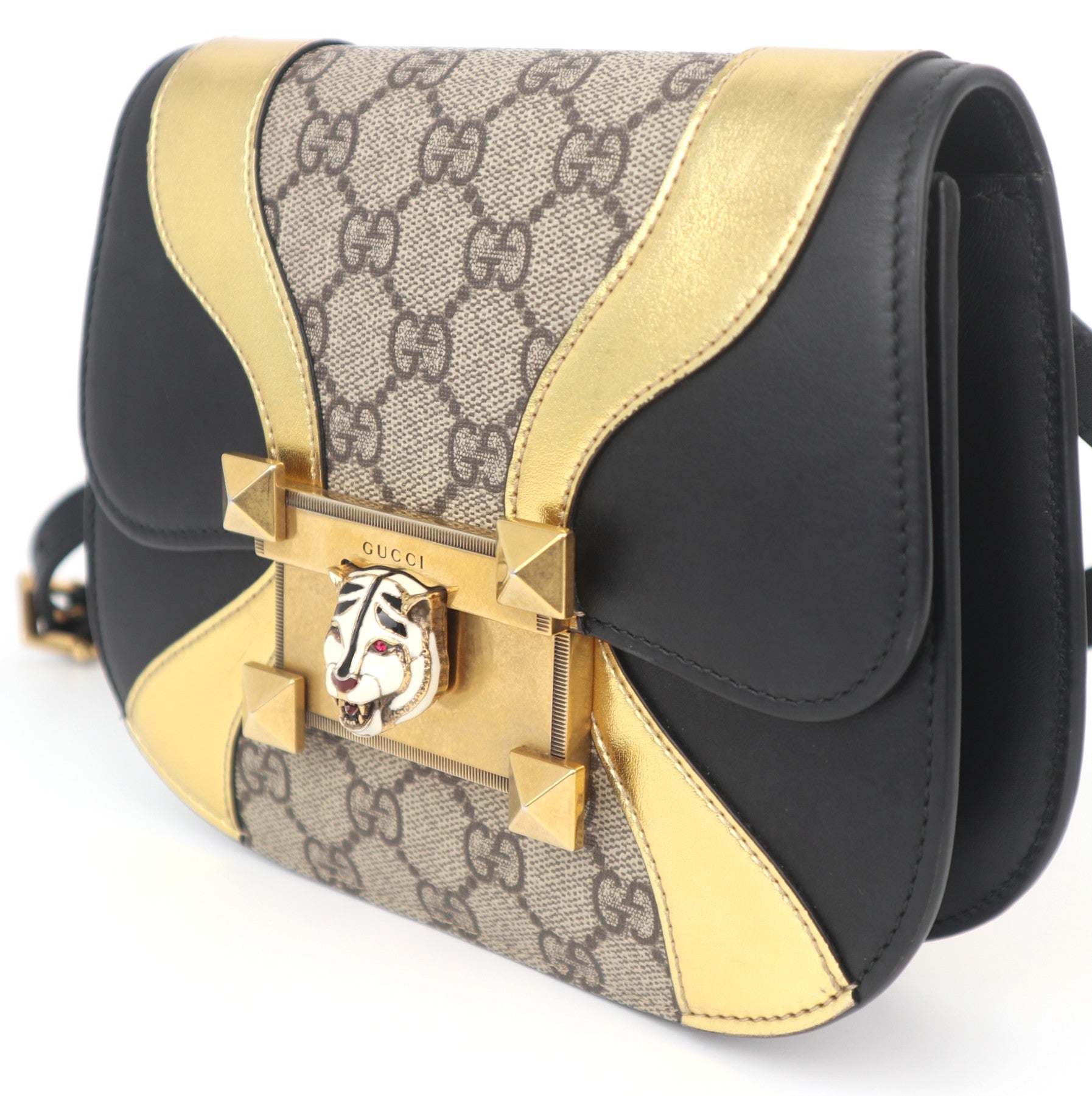 C1047 GUCCI GG Supreme Small Osiride Shoulder Bag With Black & Gold Trim Tiger Head-Pre Owned
