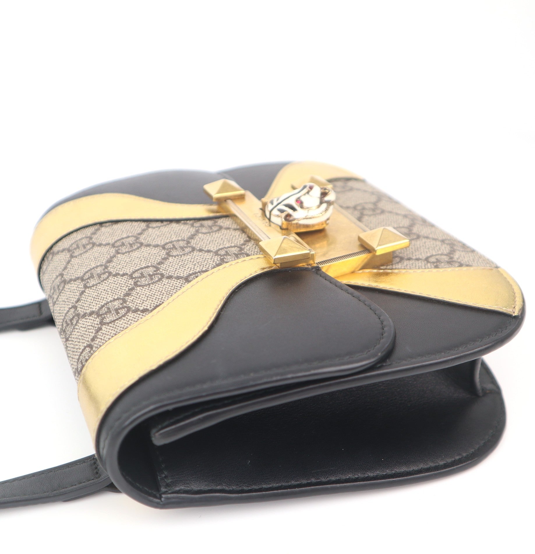 C1047 GUCCI GG Supreme Small Osiride Shoulder Bag With Black & Gold Trim Tiger Head-Pre Owned