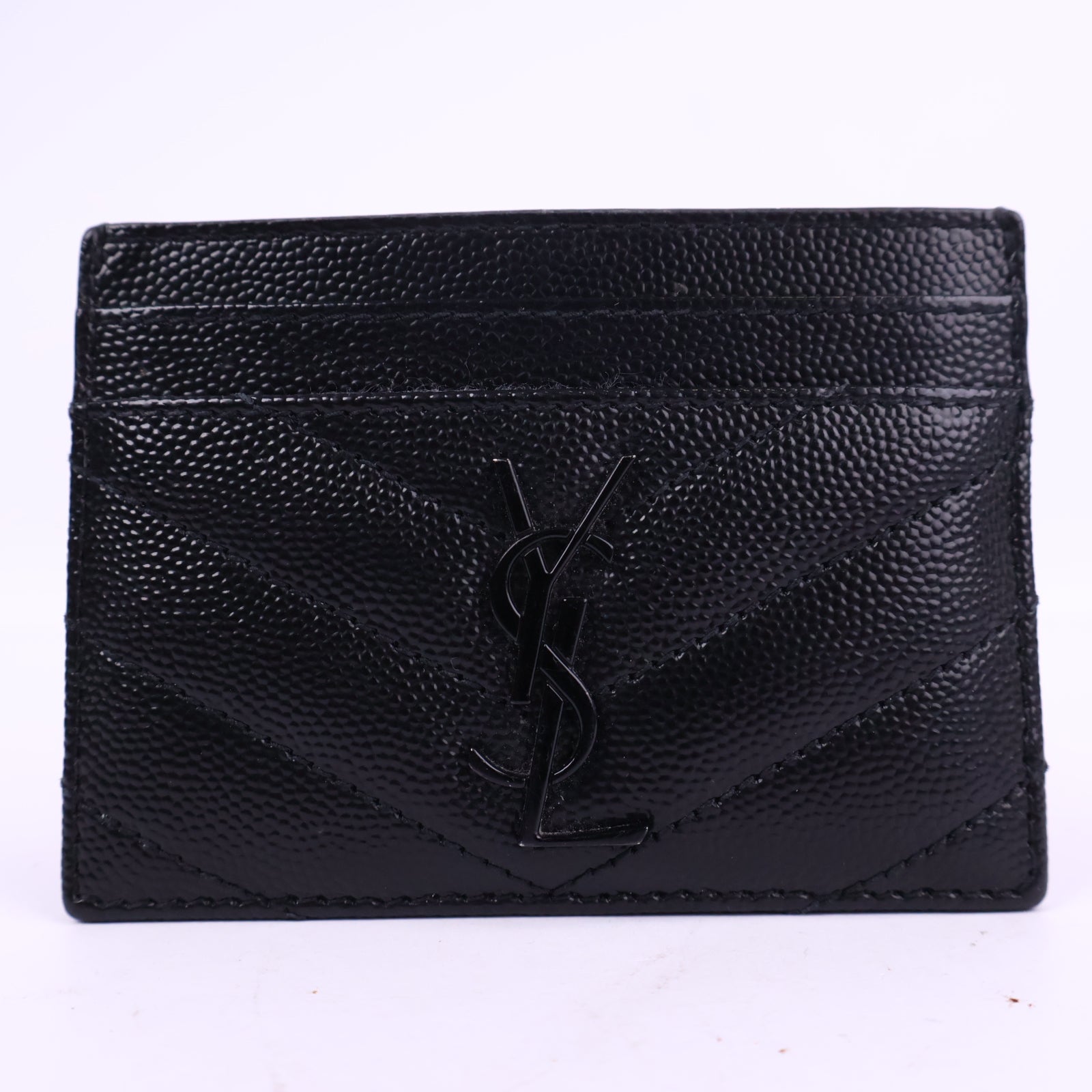 J3205 Saint Laurent YSL Card Holder Cassandre Matelasse Card Holder | Pre-Owned Like New Black Grain de poudre embossed leather Chevron quilted
