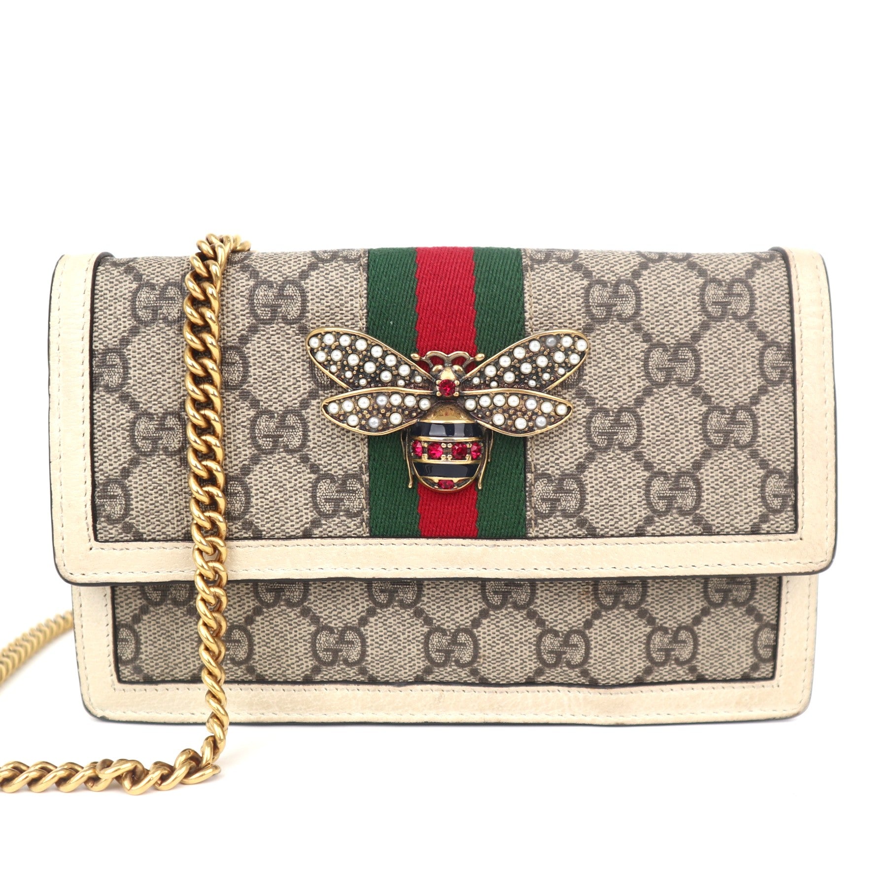 C1052 GUCCI GG Supreme Monogram Web Queen Margaret Chain Wallet-Pre Owned