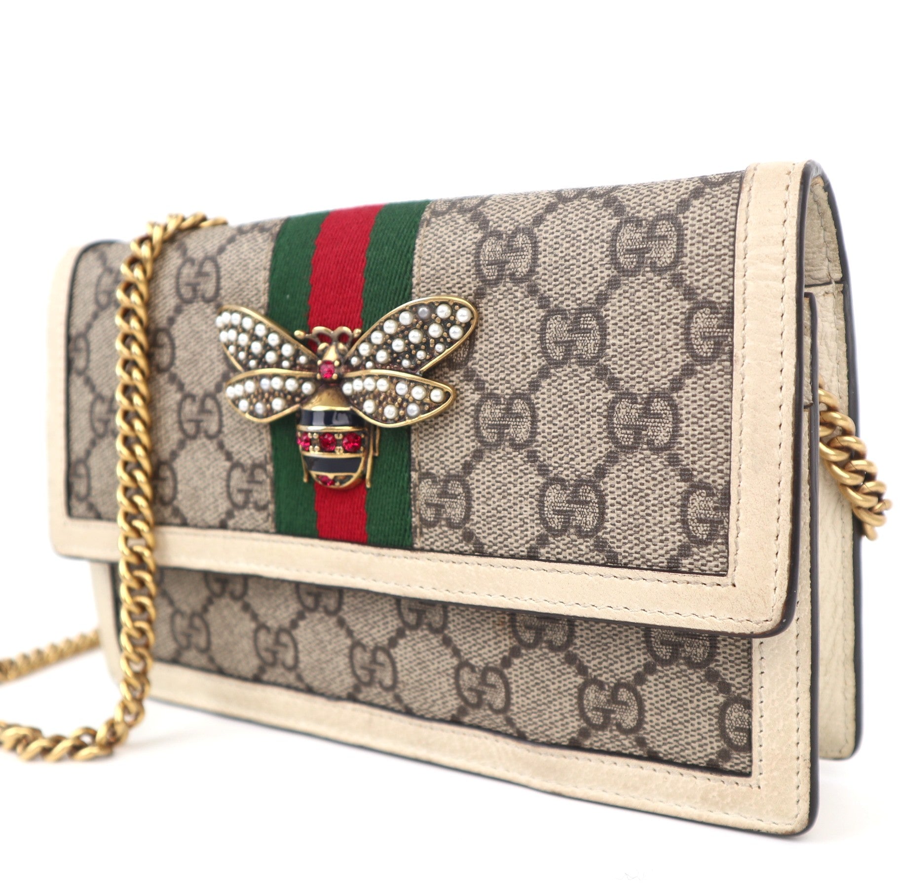 C1052 GUCCI GG Supreme Monogram Web Queen Margaret Chain Wallet-Pre Owned