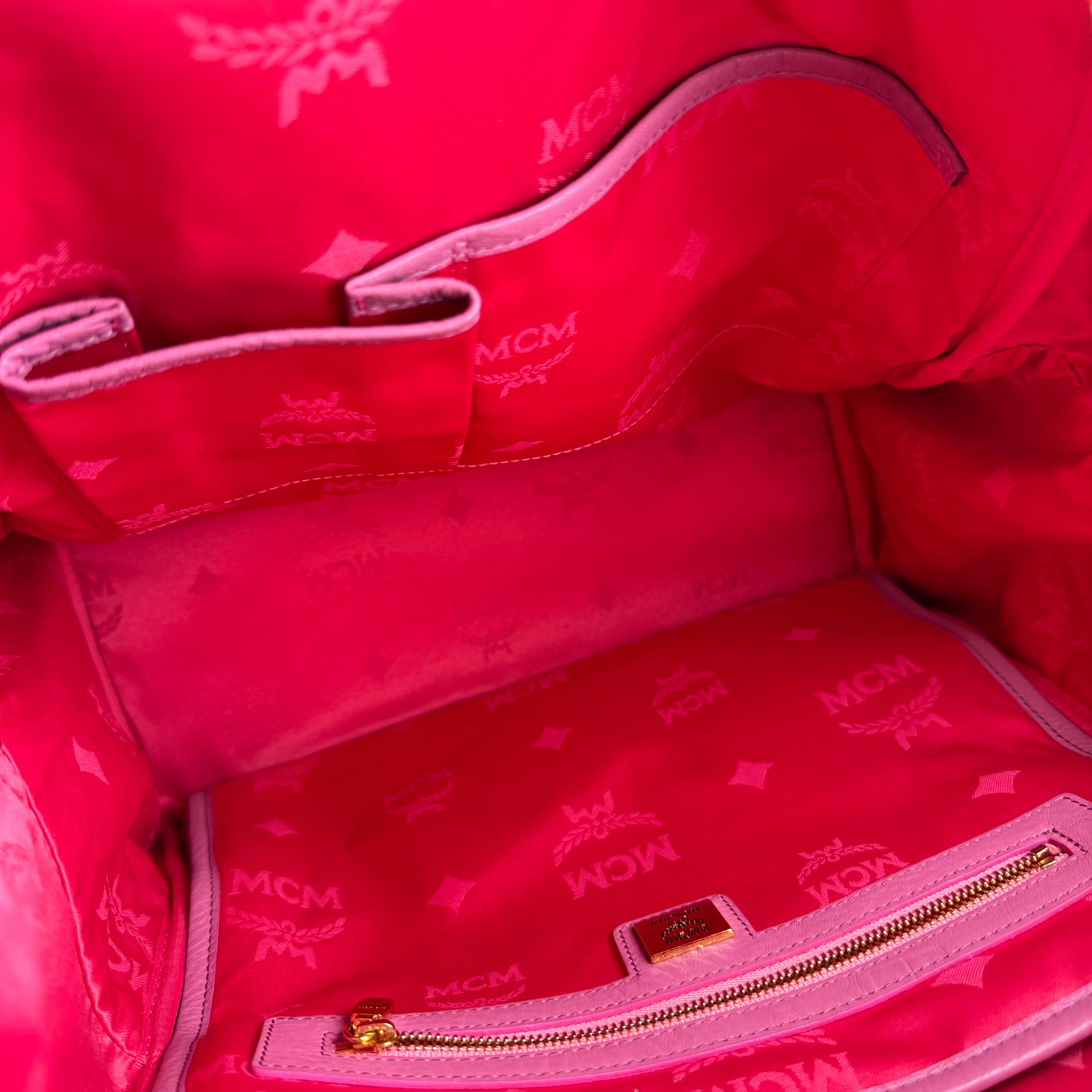 J1496 MCM Pink Visetos Studded Small Dual Stark Backpack- Pre Owned