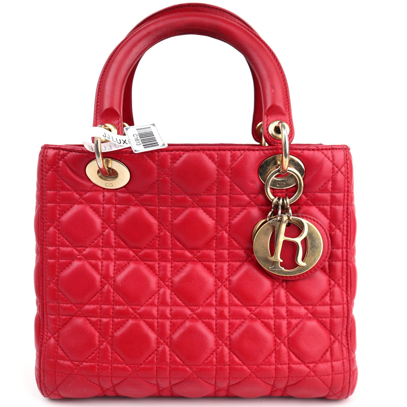 Christian Dior Lambskin Cannage Medium Lady Dior Red Shoulder Bag C1613 | Pre-Owned Very Good Red Cannage Leather