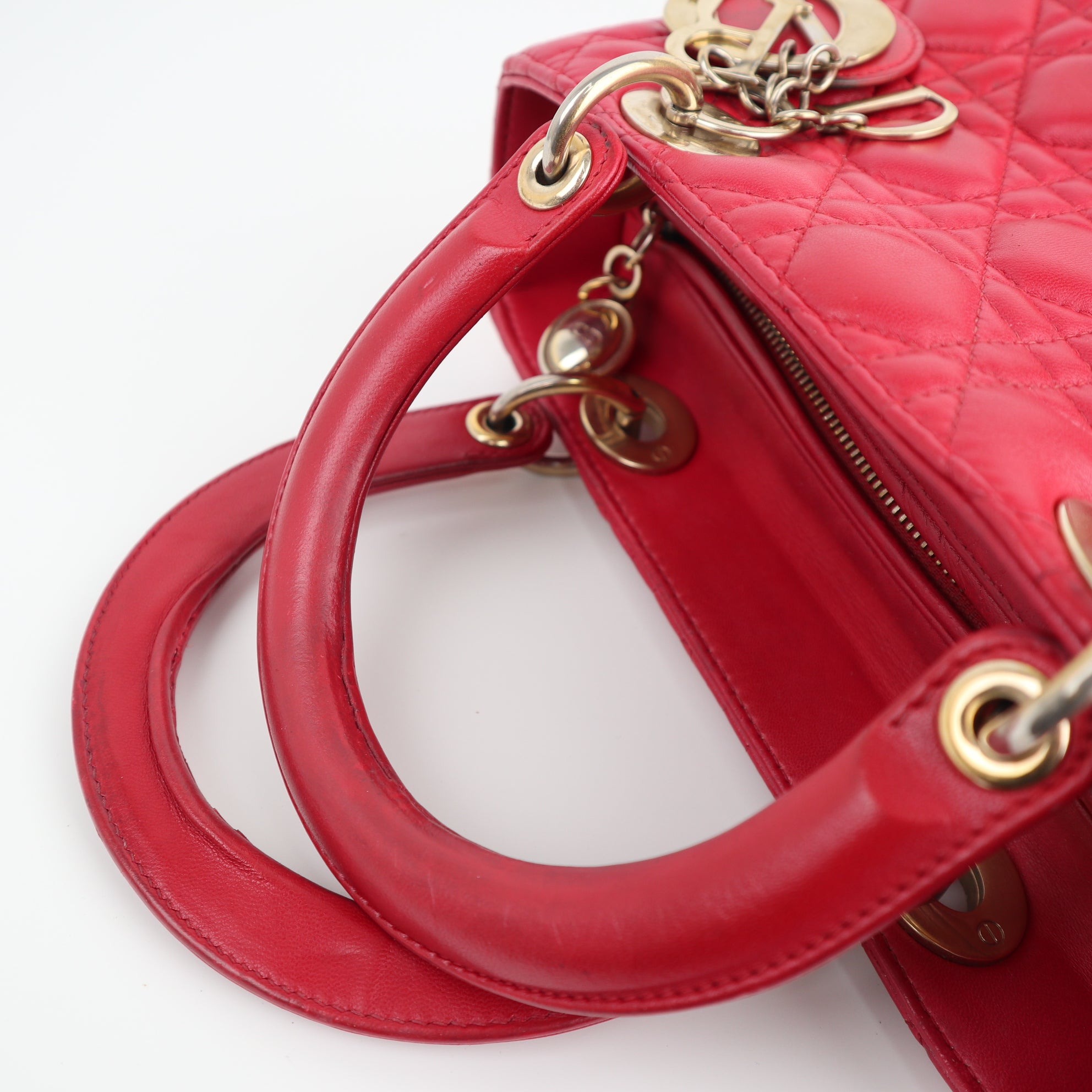 Christian Dior Lambskin Cannage Medium Lady Dior Red Shoulder Bag C1613 | Pre-Owned Very Good Red Cannage Leather