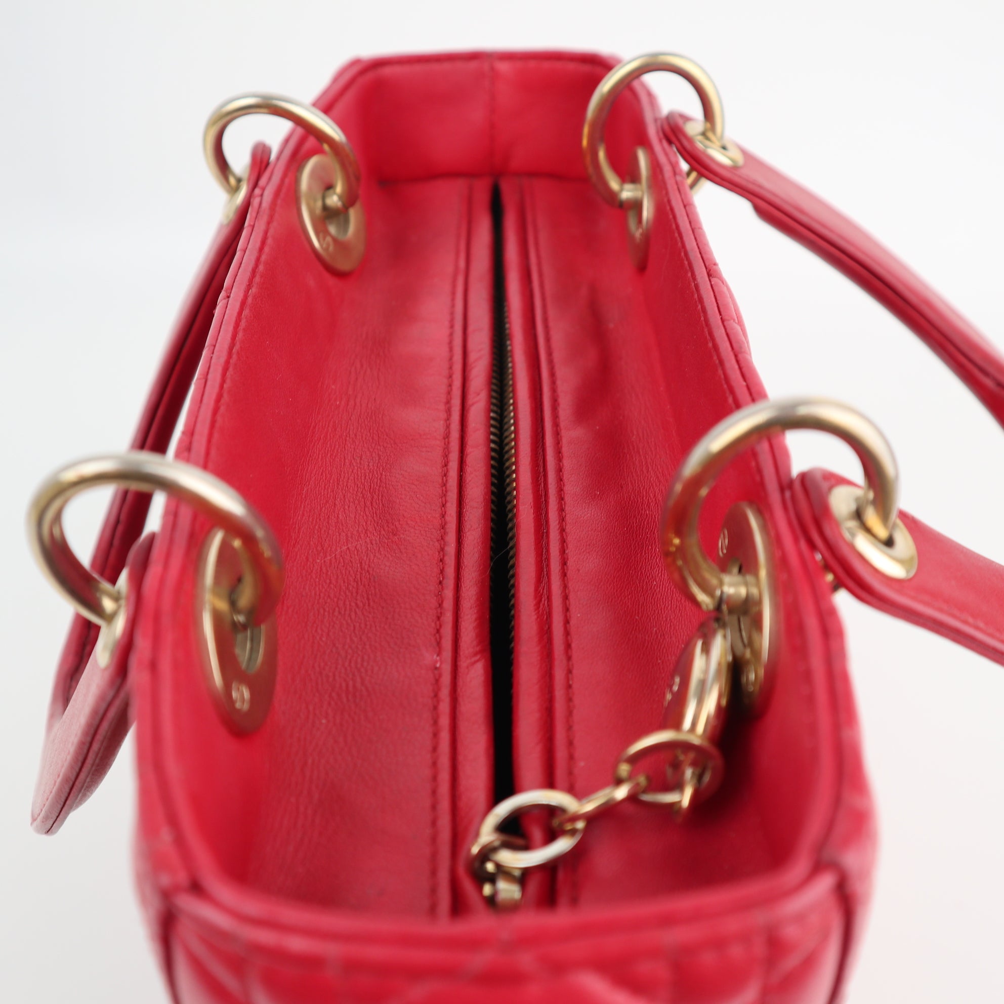 Christian Dior Lambskin Cannage Medium Lady Dior Red Shoulder Bag C1613 | Pre-Owned Very Good Red Cannage Leather