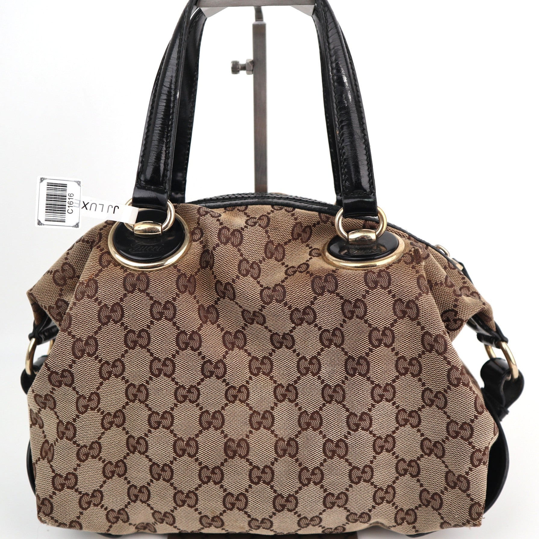 Gucci Brown/Black GG Canvas And Patent Leather Satchel Shoulder Bag C1616 | Pre-Owned Good Brown / Black GG Canvas Canvas, Leather