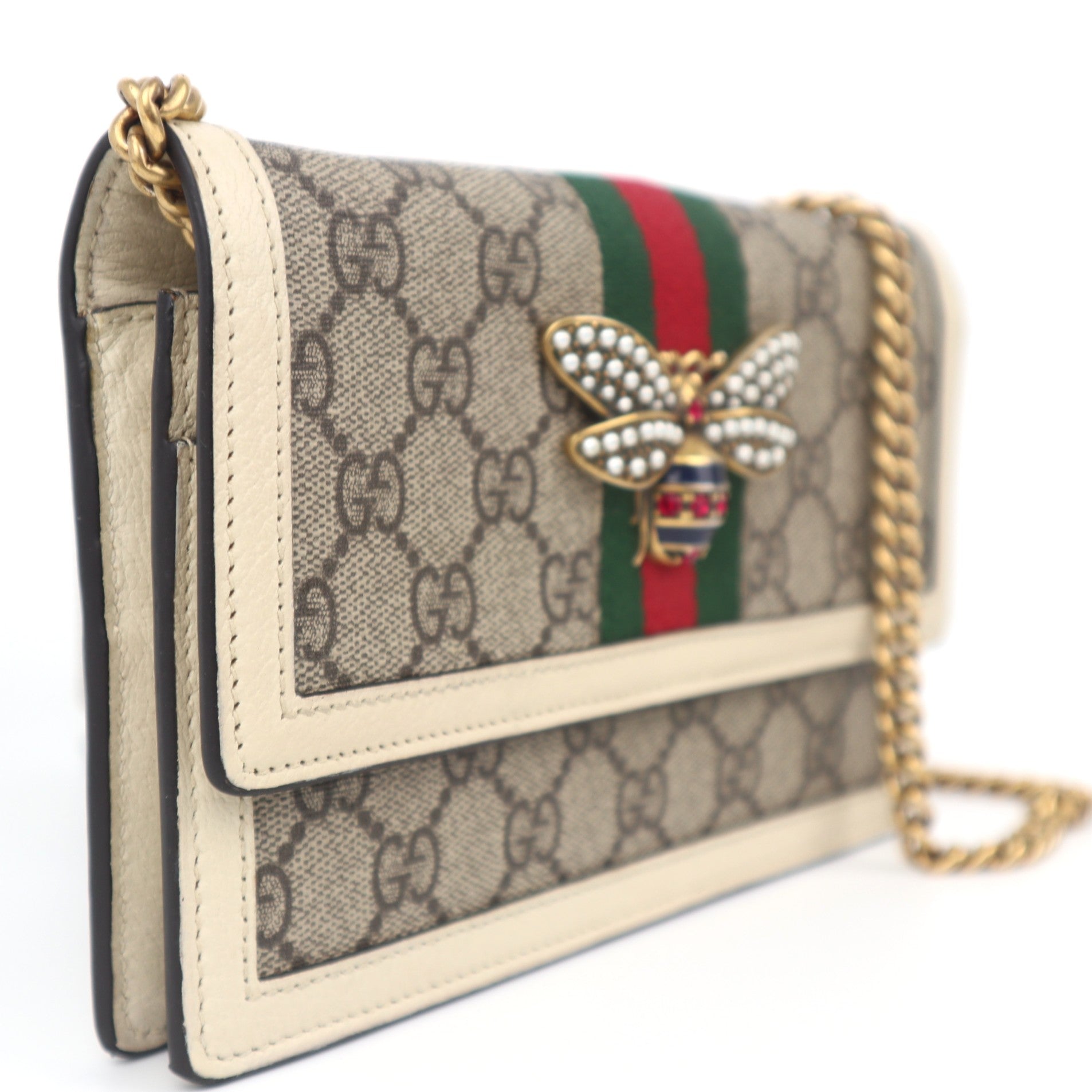 C1065 Gucci GG Supreme Monogram Web Queen Margaret Chain Wallet -Pre Owned