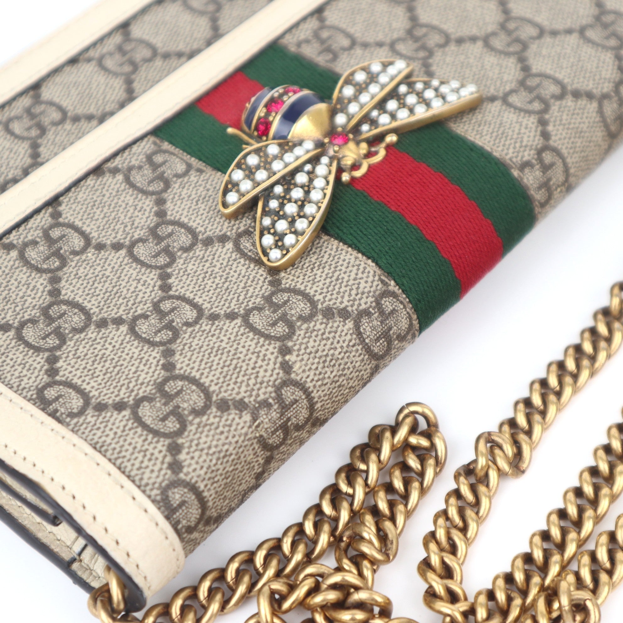 C1065 Gucci GG Supreme Monogram Web Queen Margaret Chain Wallet -Pre Owned