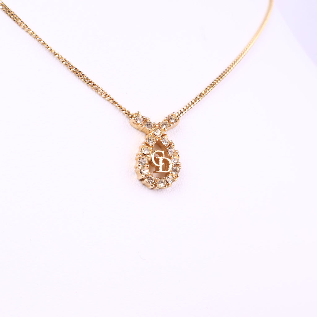 J3069 Christian Dior Necklace Dior Ribbon motif Rhinestone Gold Plated Necklace | Pre-Owned Gold Gold-plated metal, Crystal Ribbon motif