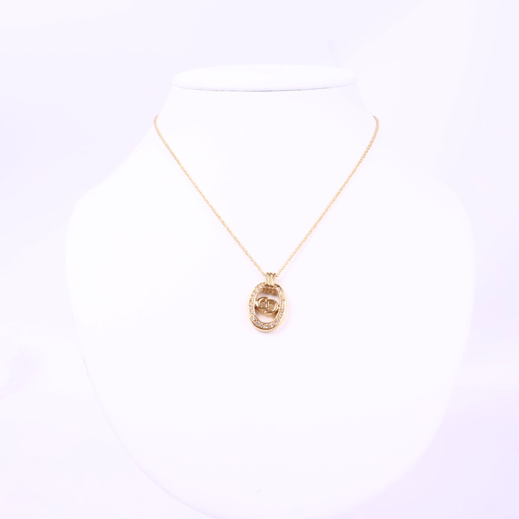 J3083 Christian Dior Necklace Dior Ribbon motif Rhinestone Gold Plated Necklace | Pre-Owned Like Gold-plated metal, Crystal Ribbon motif
