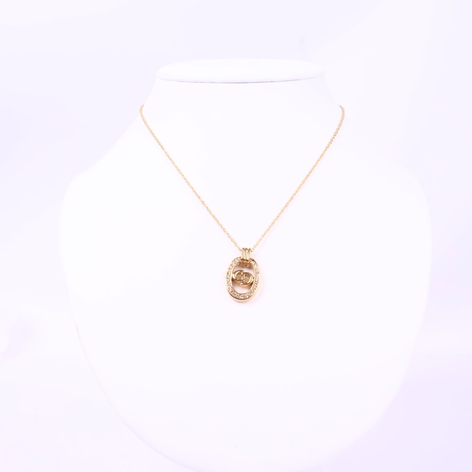 J3083 Christian Dior Necklace Dior Ribbon motif Rhinestone Gold Plated Necklace | Pre-Owned Like Gold-plated metal, Crystal Ribbon motif