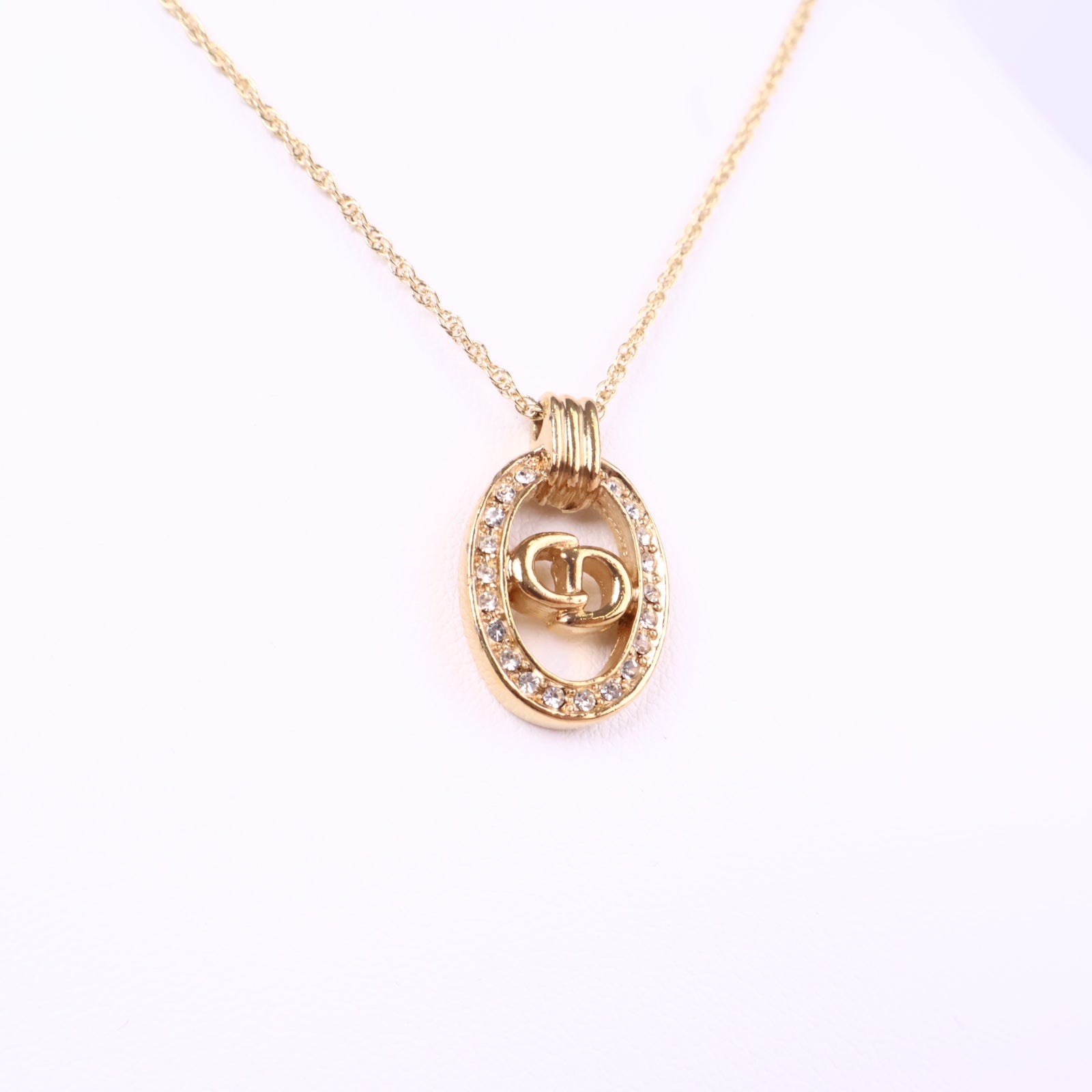 J3083 Christian Dior Necklace Dior Ribbon motif Rhinestone Gold Plated Necklace | Pre-Owned Like Gold-plated metal, Crystal Ribbon motif