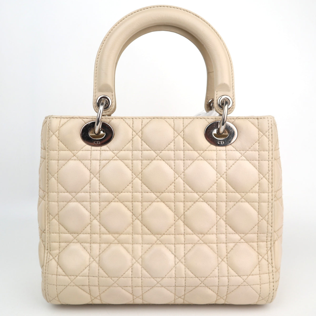 C2491 Christian Dior Top Handle Bag Beige Cannage Quilted Lambskin Leather Medium Lady Dior Bag | Pre-Owned Very Good Beige Lambskin leather Cannage quilted