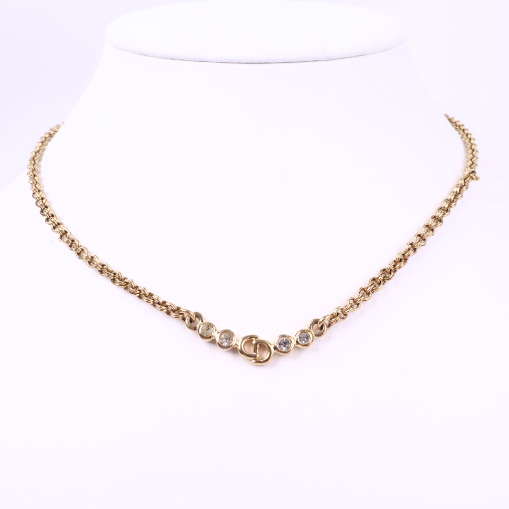 J3090# Christian Dior Necklace 20th Century Gold Plated CD Logo Crystal Pendant Necklace | Pre-Owned Gold-plated metal, Crystal Logo