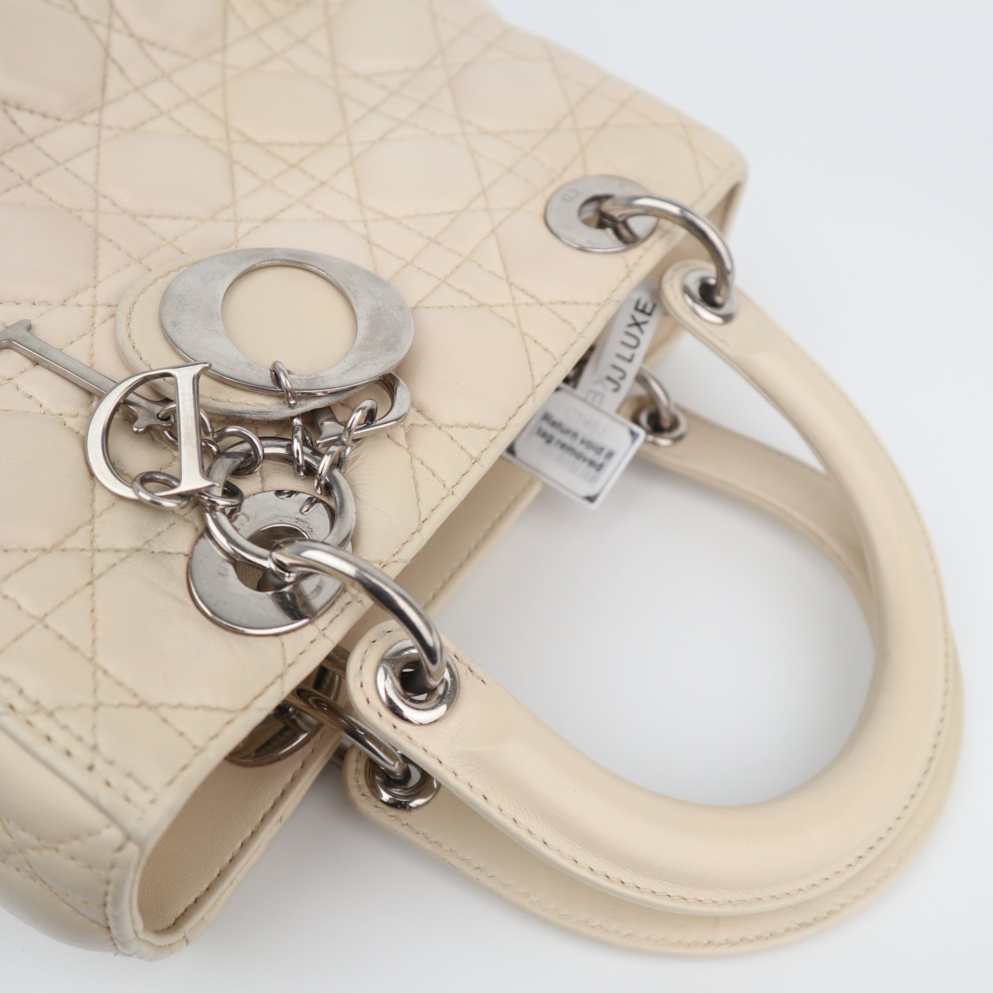 C2491 Christian Dior Top Handle Bag Beige Cannage Quilted Lambskin Leather Medium Lady Dior Bag | Pre-Owned Very Good Beige Lambskin leather Cannage quilted