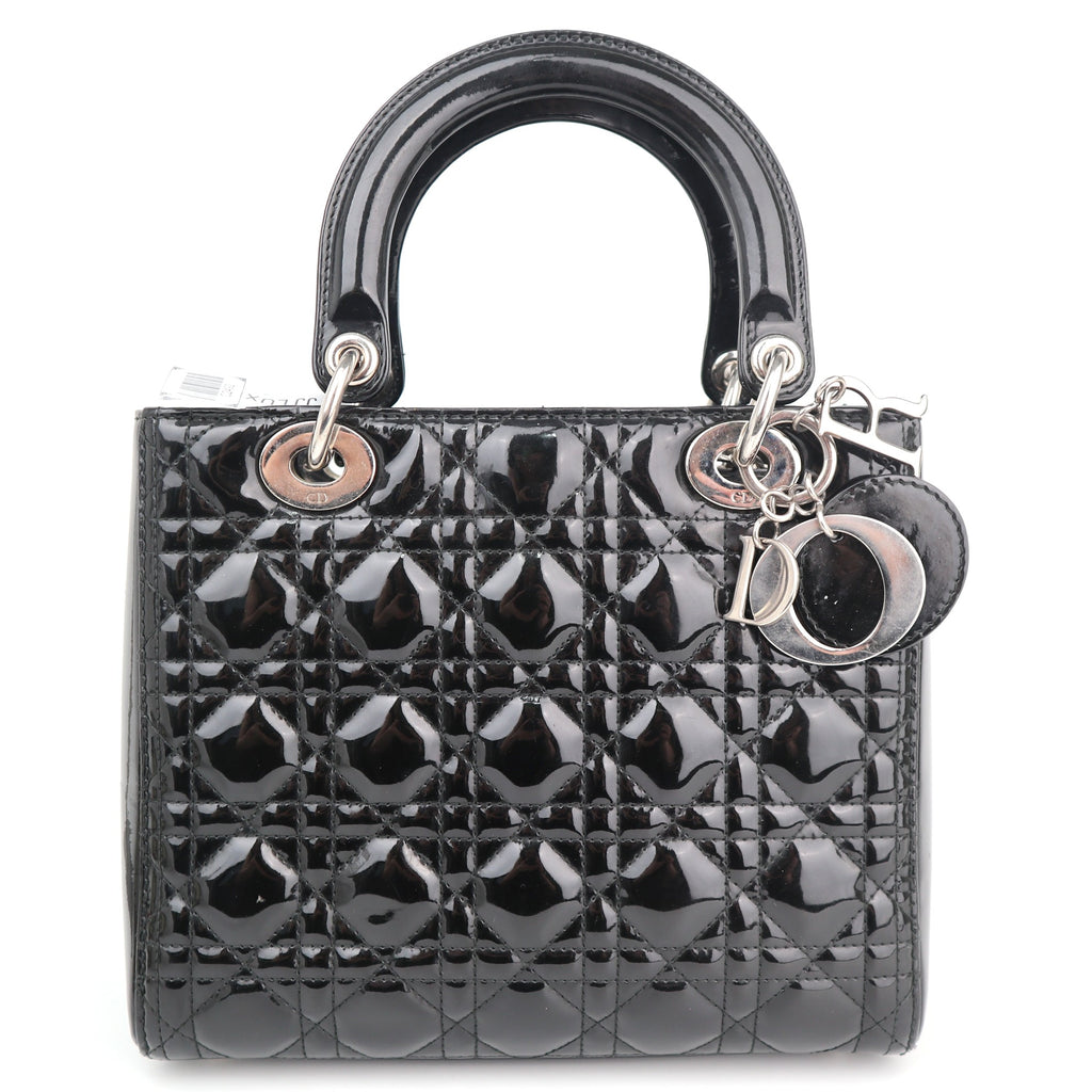 C2492 Christian Dior Top Handle Bag Patent Cannage Medium Lady Dior Bag Black | Pre-Owned Very Good Black Patent leather Cannage quilted