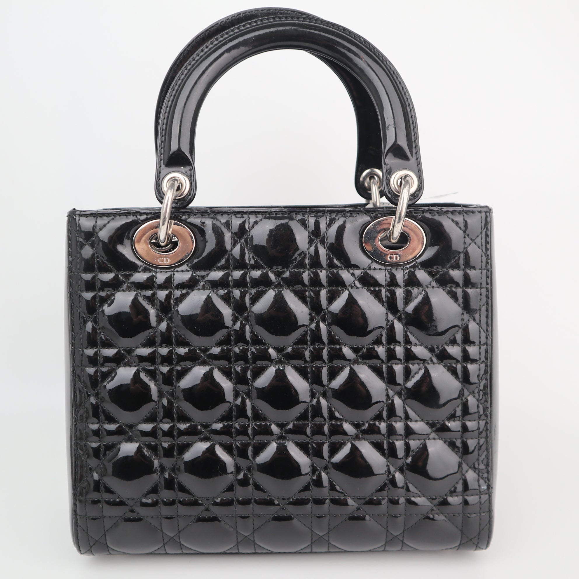 C2492 Christian Dior Top Handle Bag Patent Cannage Medium Lady Dior Bag Black | Pre-Owned Very Good Black Patent leather Cannage quilted