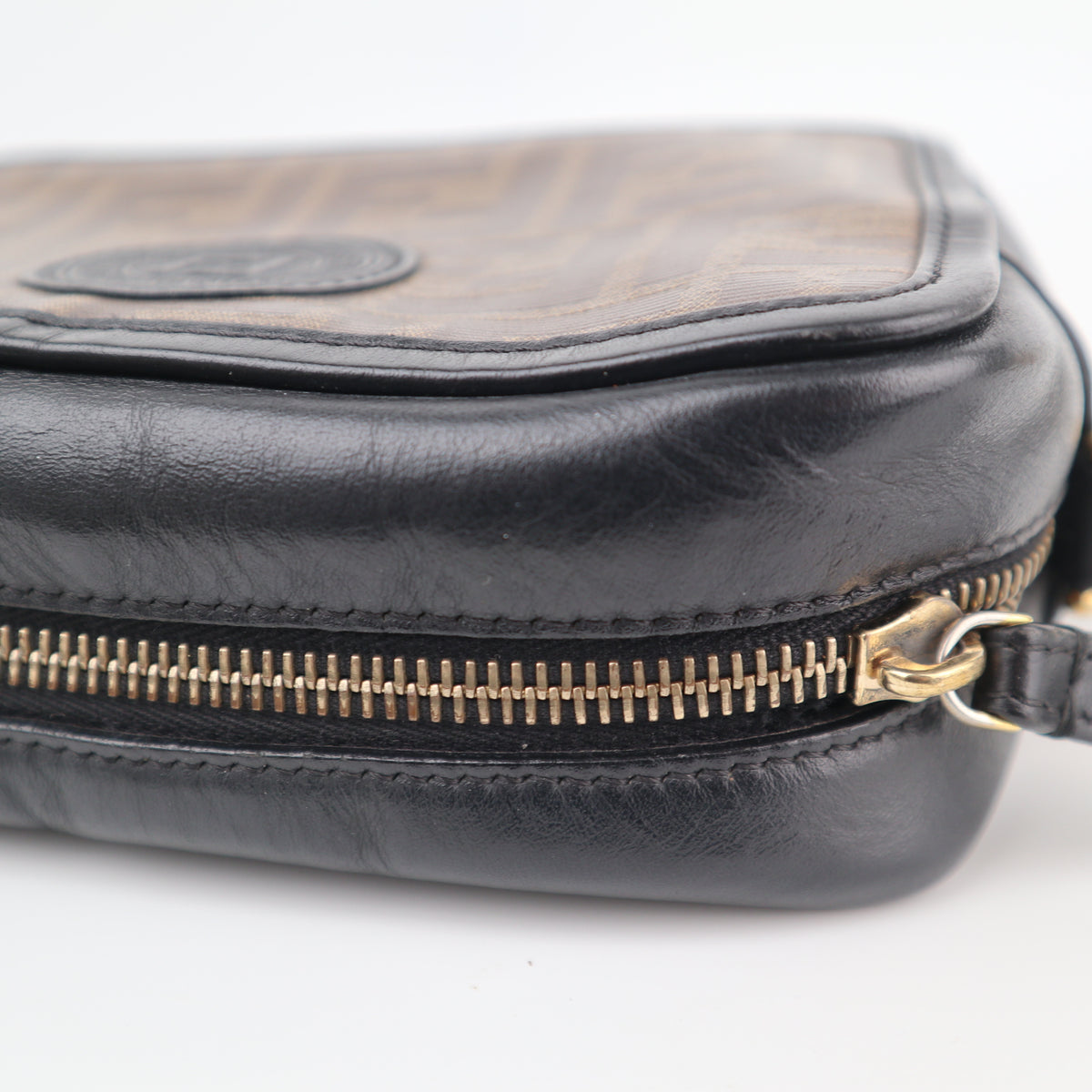 C2525 Fendi Crossbody Bag Glazed Fabric Vitello Century 1974 Stamp Camera Case | Pre-Owned Very Good Logo / Signature Leather, Glazed Fabric
