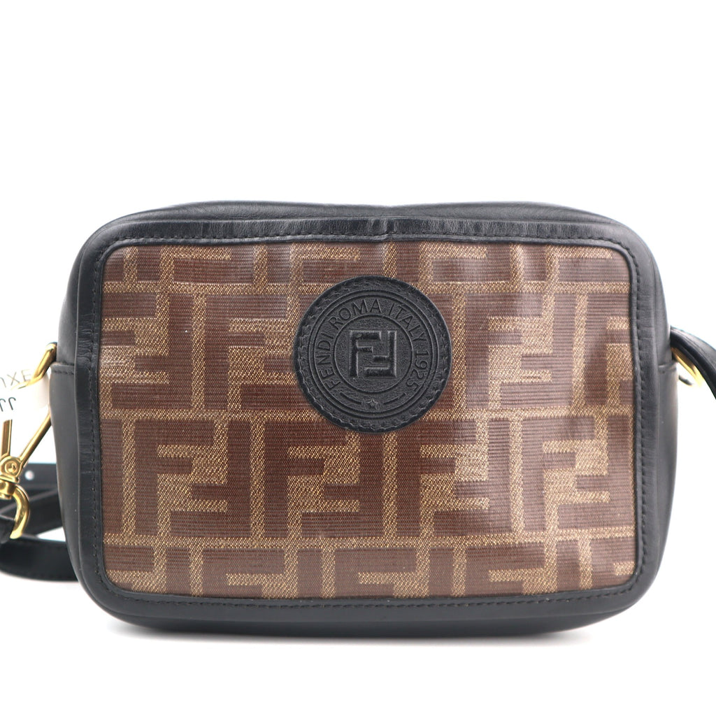 C2525 Fendi Crossbody Bag Glazed Fabric Vitello Century 1974 Stamp Camera Case | Pre-Owned Very Good Logo / Signature Leather, Glazed Fabric