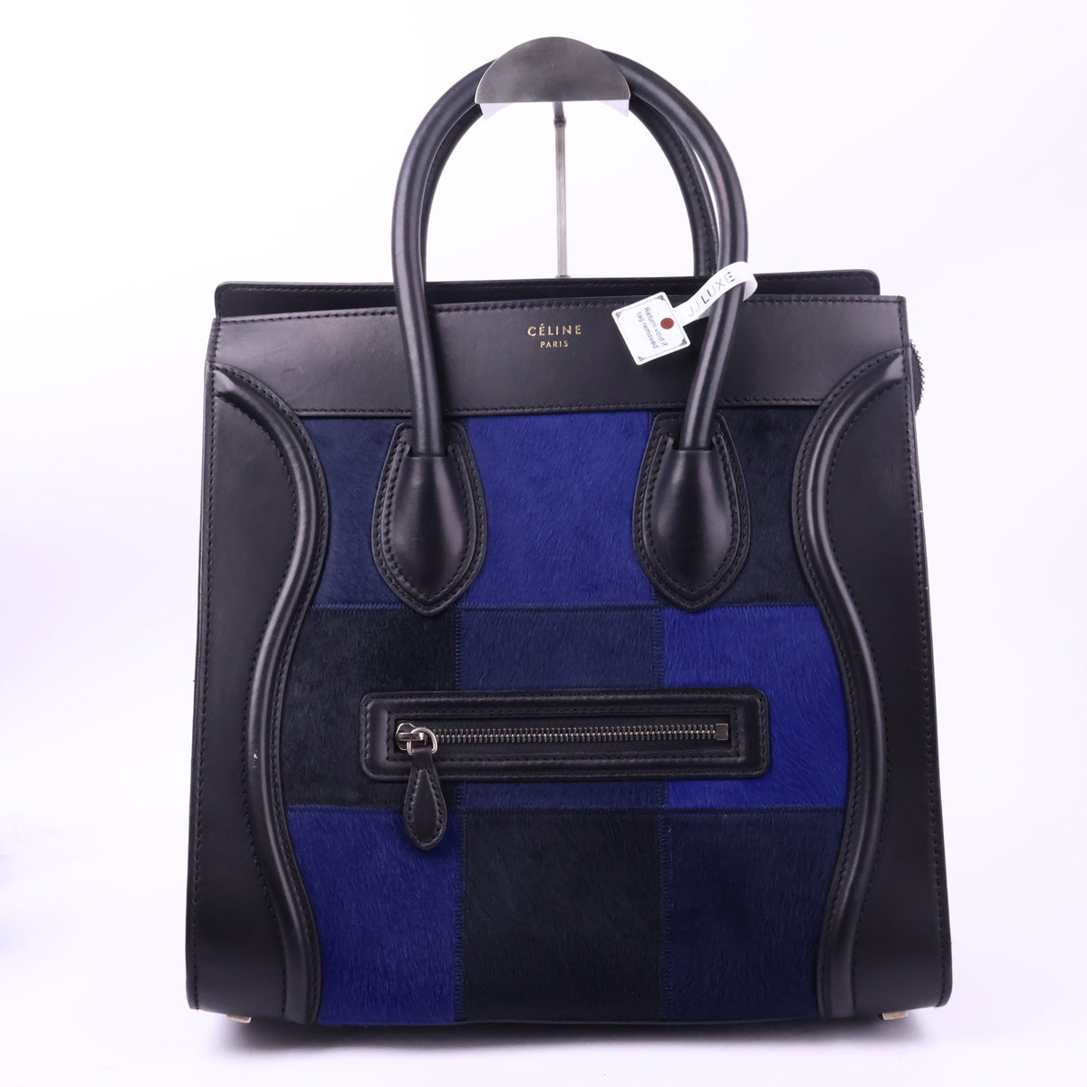 J2830 Celine Tote Bag Black and Blue Leather and Fur Clourblock Luggage Tote | Pre-Owned Black / Blue Colourblock Leather, Fur