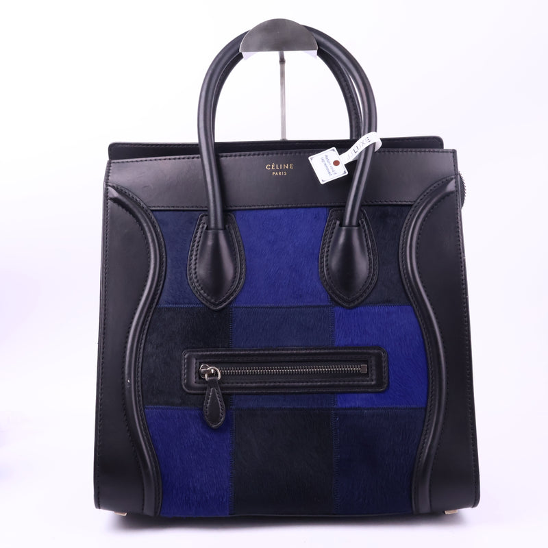 J2830 Celine Tote Bag Black and Blue Leather and Fur Clourblock Luggage Tote | Pre-Owned Black / Blue Colourblock Leather, Fur