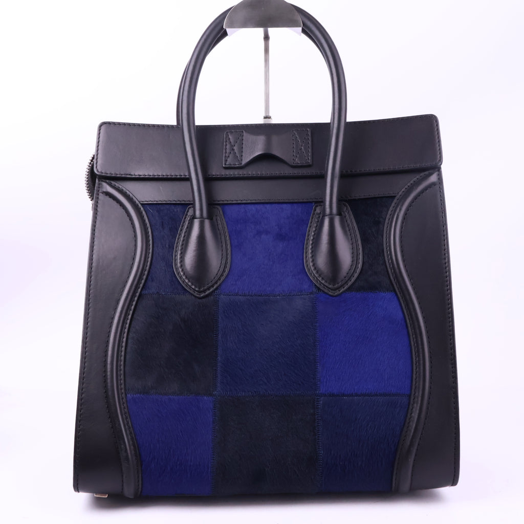 J2830 Celine Tote Bag Black and Blue Leather and Fur Clourblock Luggage Tote | Pre-Owned Black / Blue Colourblock Leather, Fur