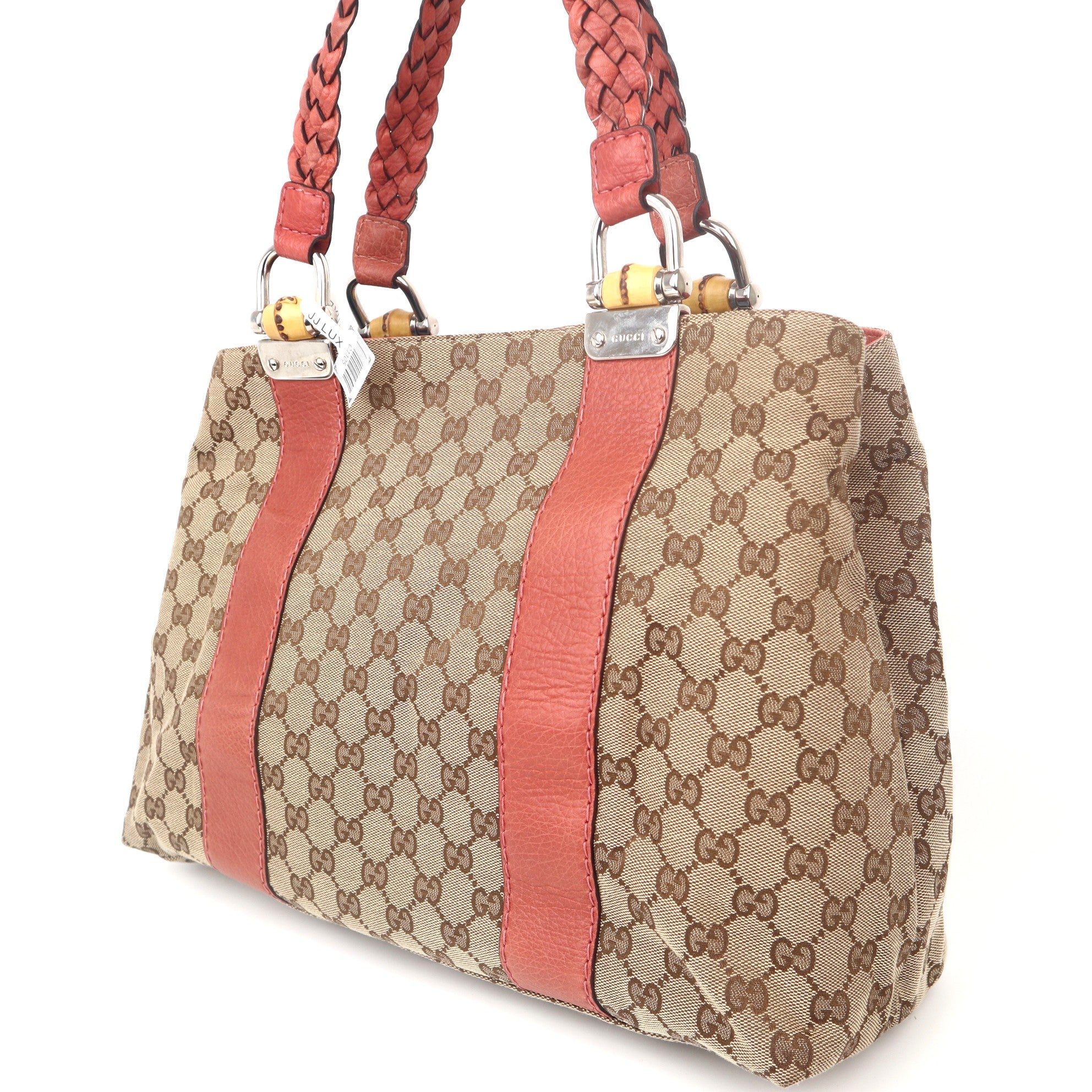 C1105 Gucci GG Pattern Jacquard Bamboo Handle Tote Bag-Pre Owned