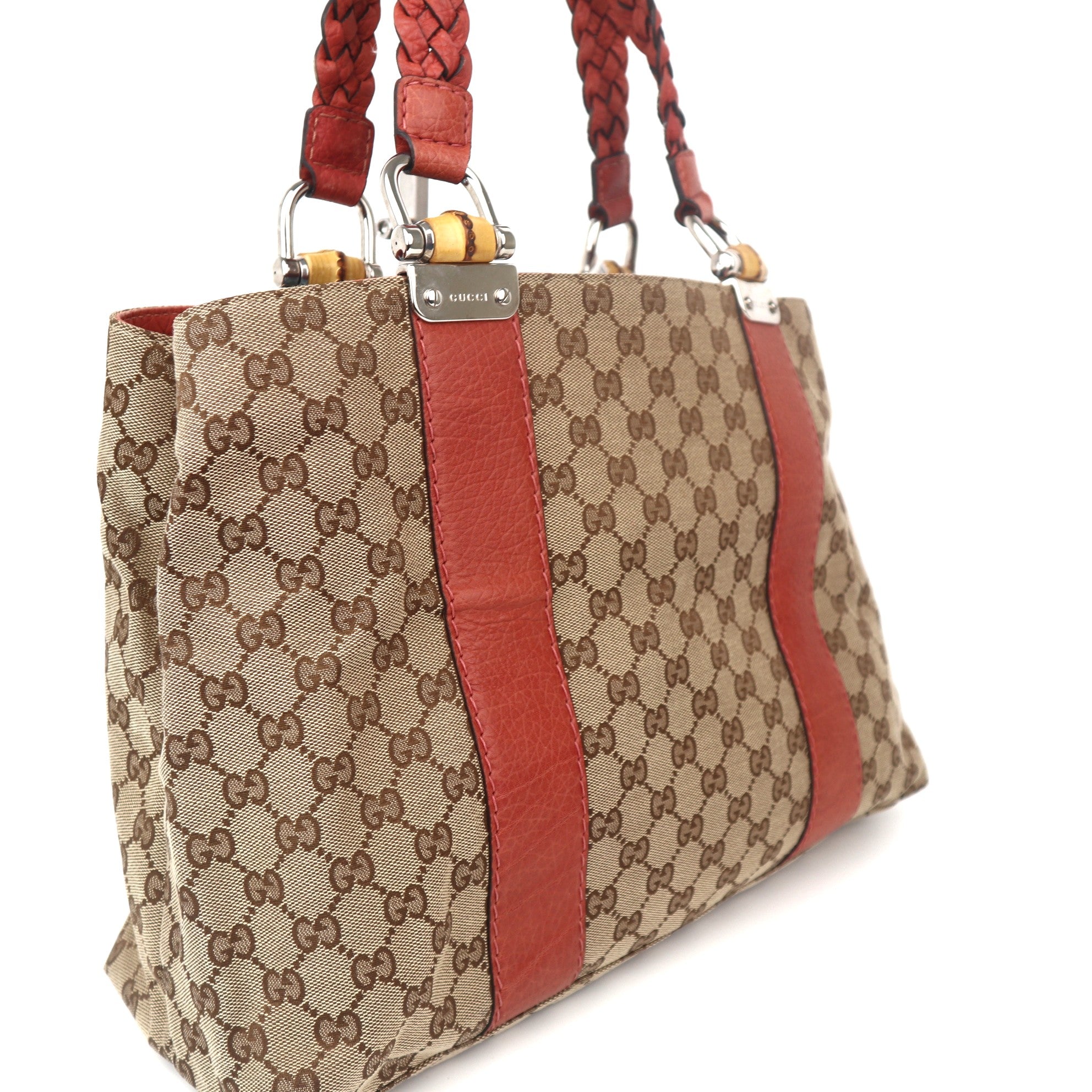 C1105 Gucci GG Pattern Jacquard Bamboo Handle Tote Bag-Pre Owned