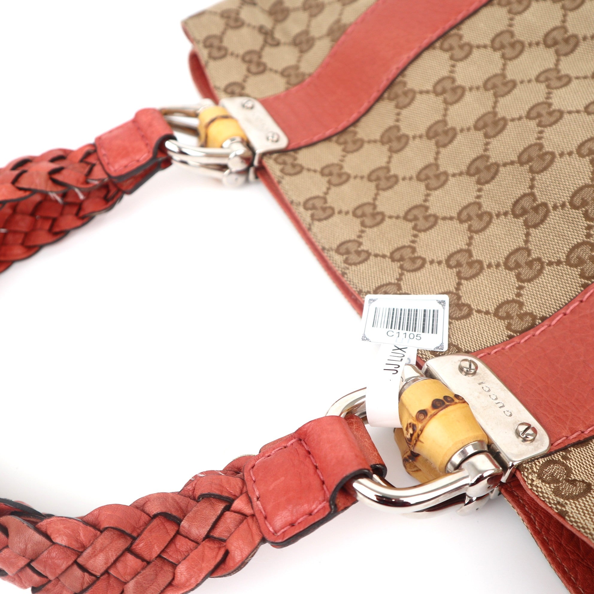 C1105 Gucci GG Pattern Jacquard Bamboo Handle Tote Bag-Pre Owned