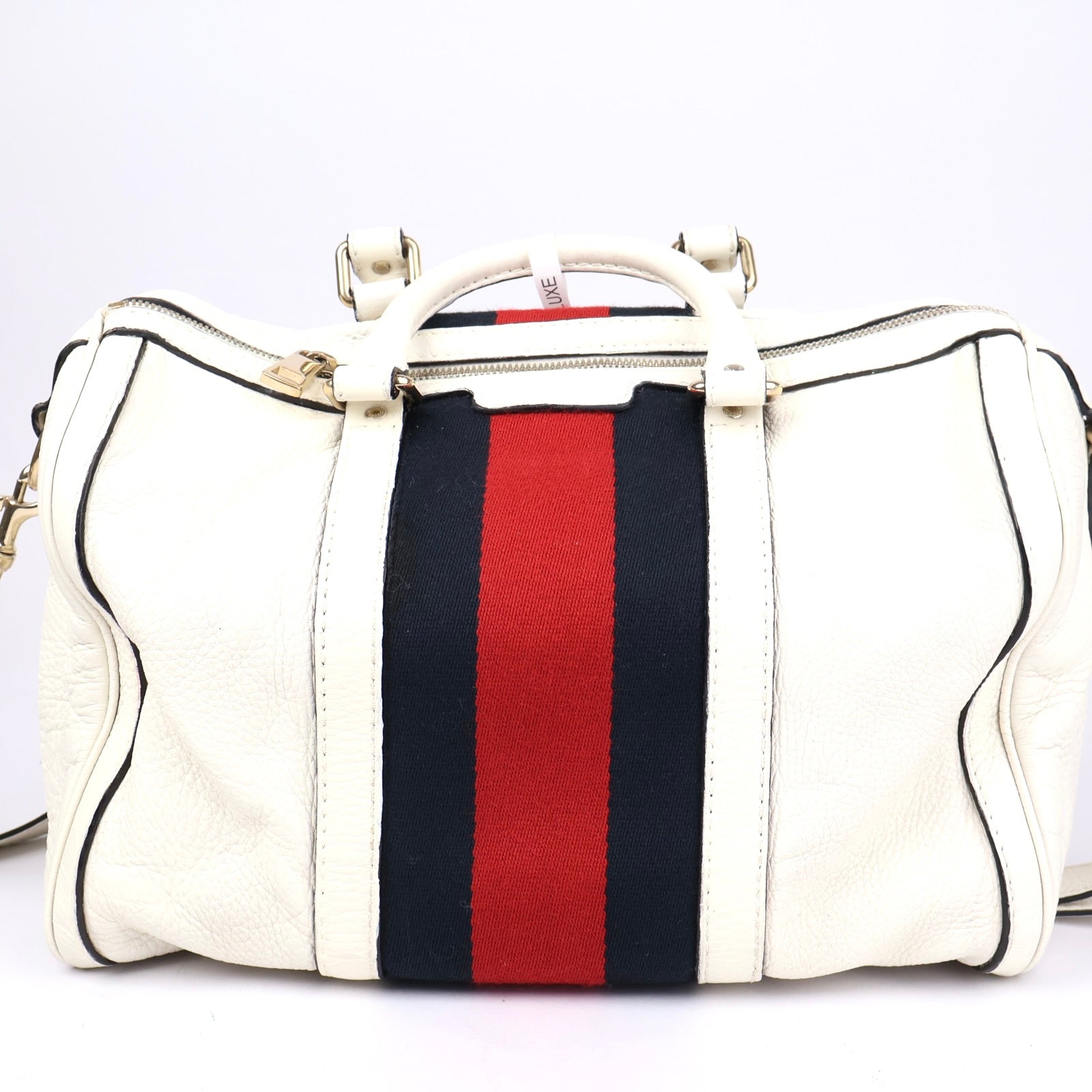 J1344 Gucci White Leather Vintage Web Stripe Medium Joy Boston Bag- Pre Owned