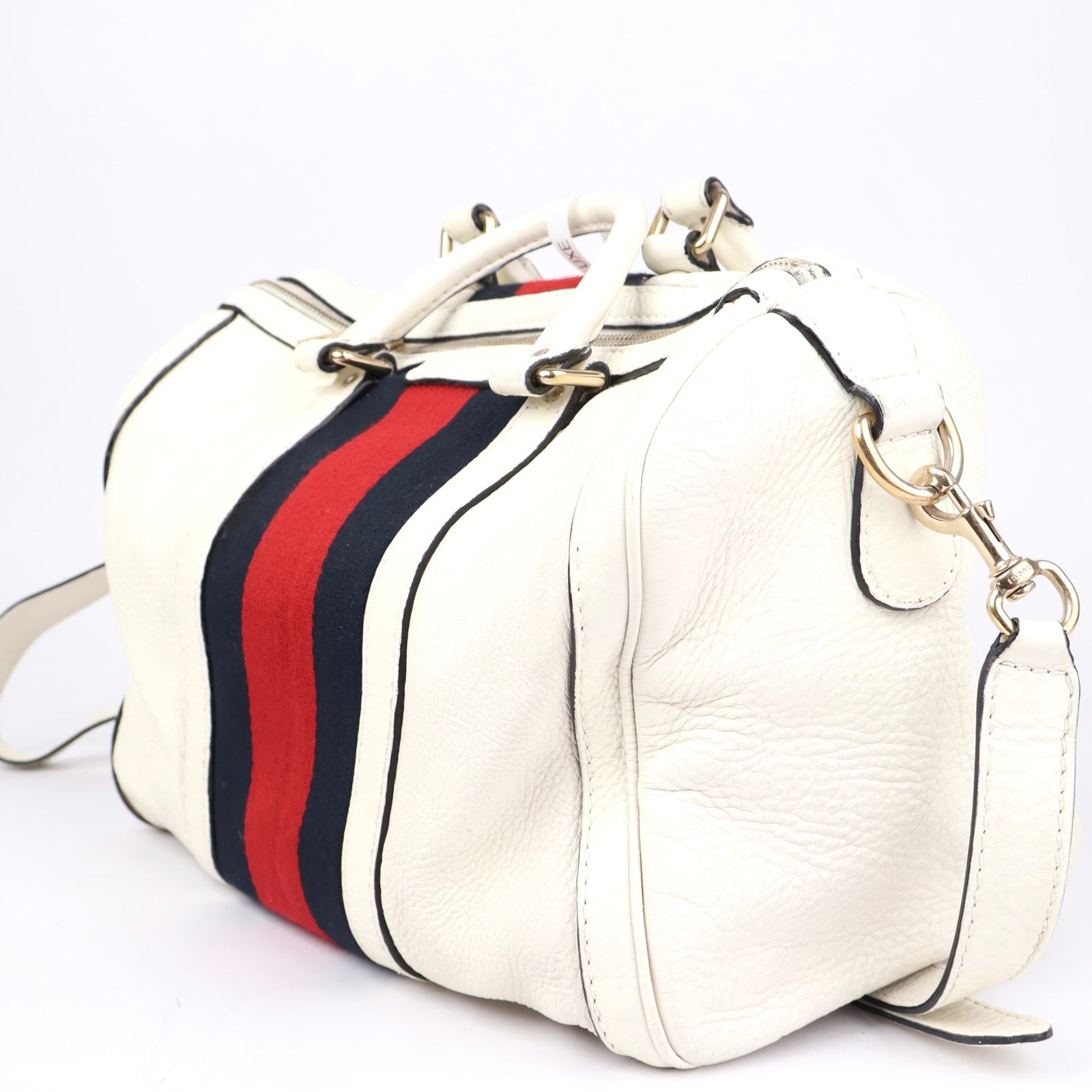 J1344 Gucci White Leather Vintage Web Stripe Medium Joy Boston Bag- Pre Owned