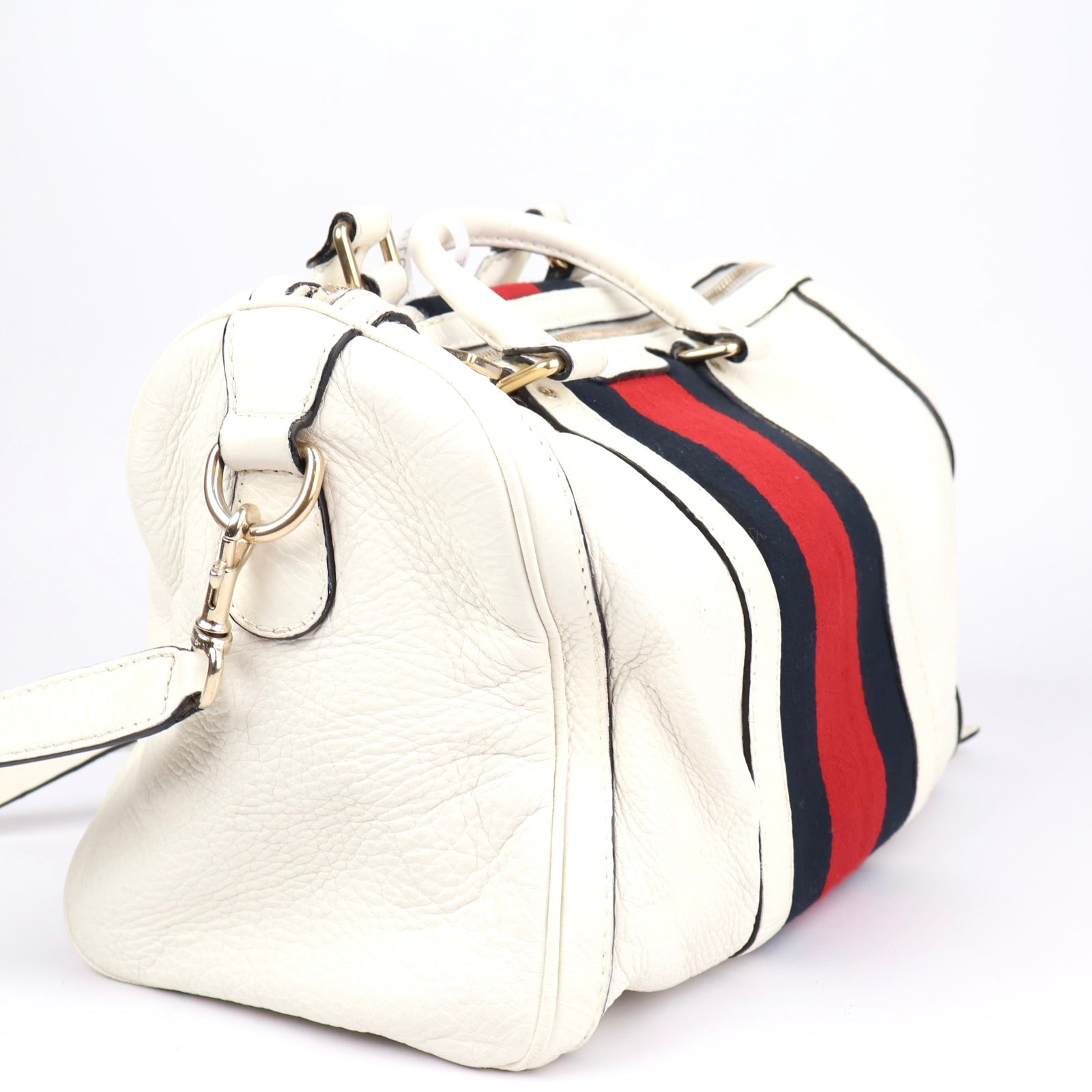 J1344 Gucci White Leather Vintage Web Stripe Medium Joy Boston Bag- Pre Owned