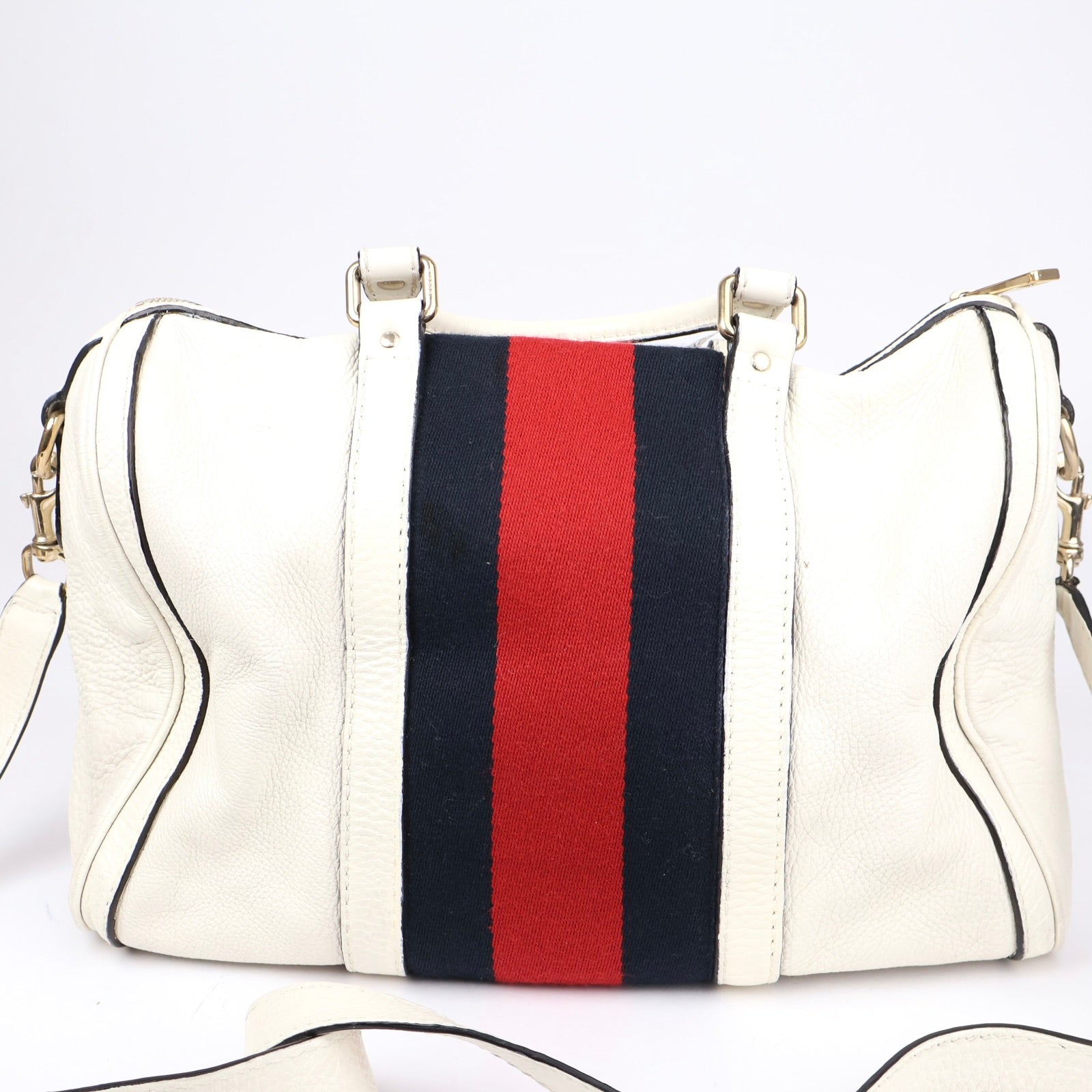 J1344 Gucci White Leather Vintage Web Stripe Medium Joy Boston Bag- Pre Owned