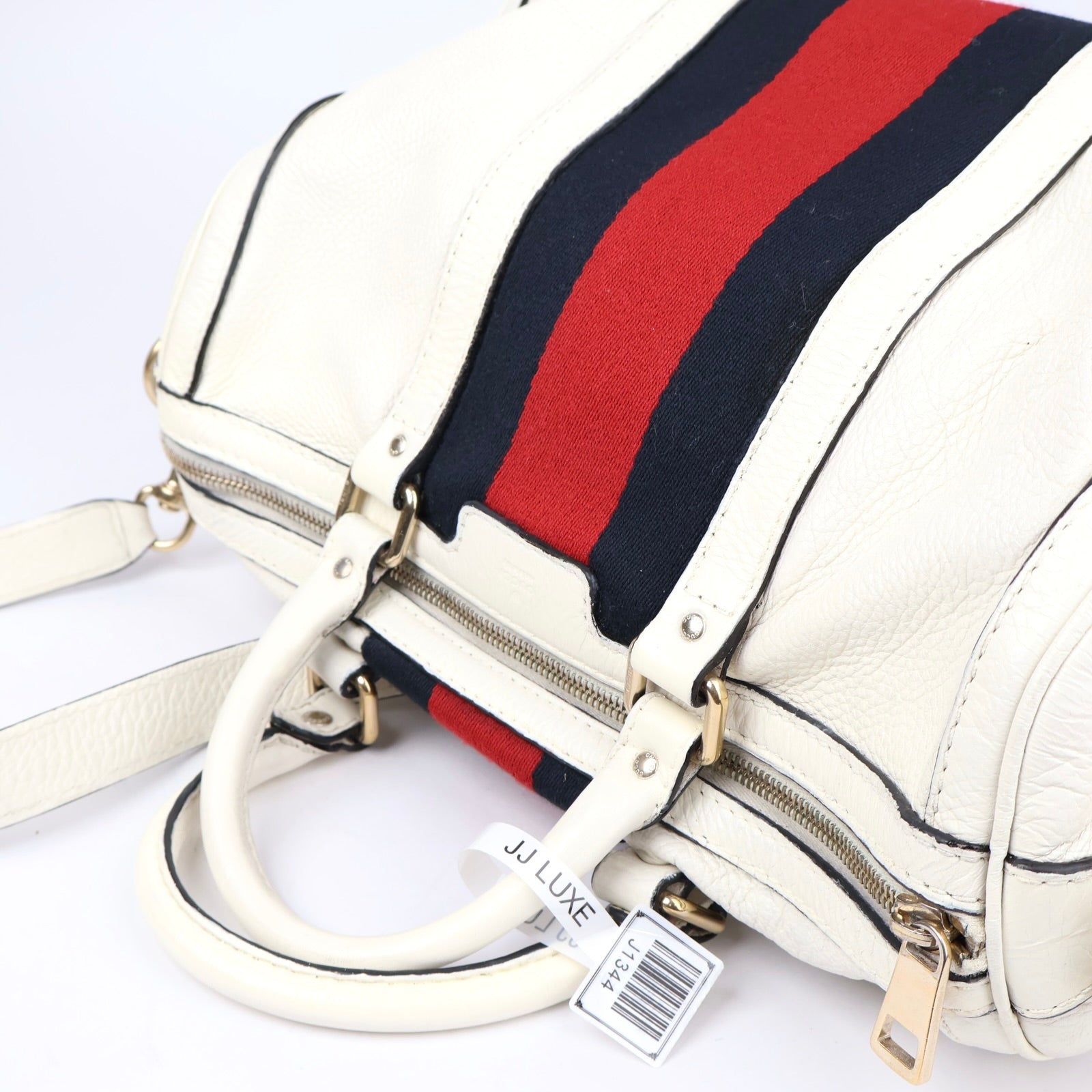 J1344 Gucci White Leather Vintage Web Stripe Medium Joy Boston Bag- Pre Owned